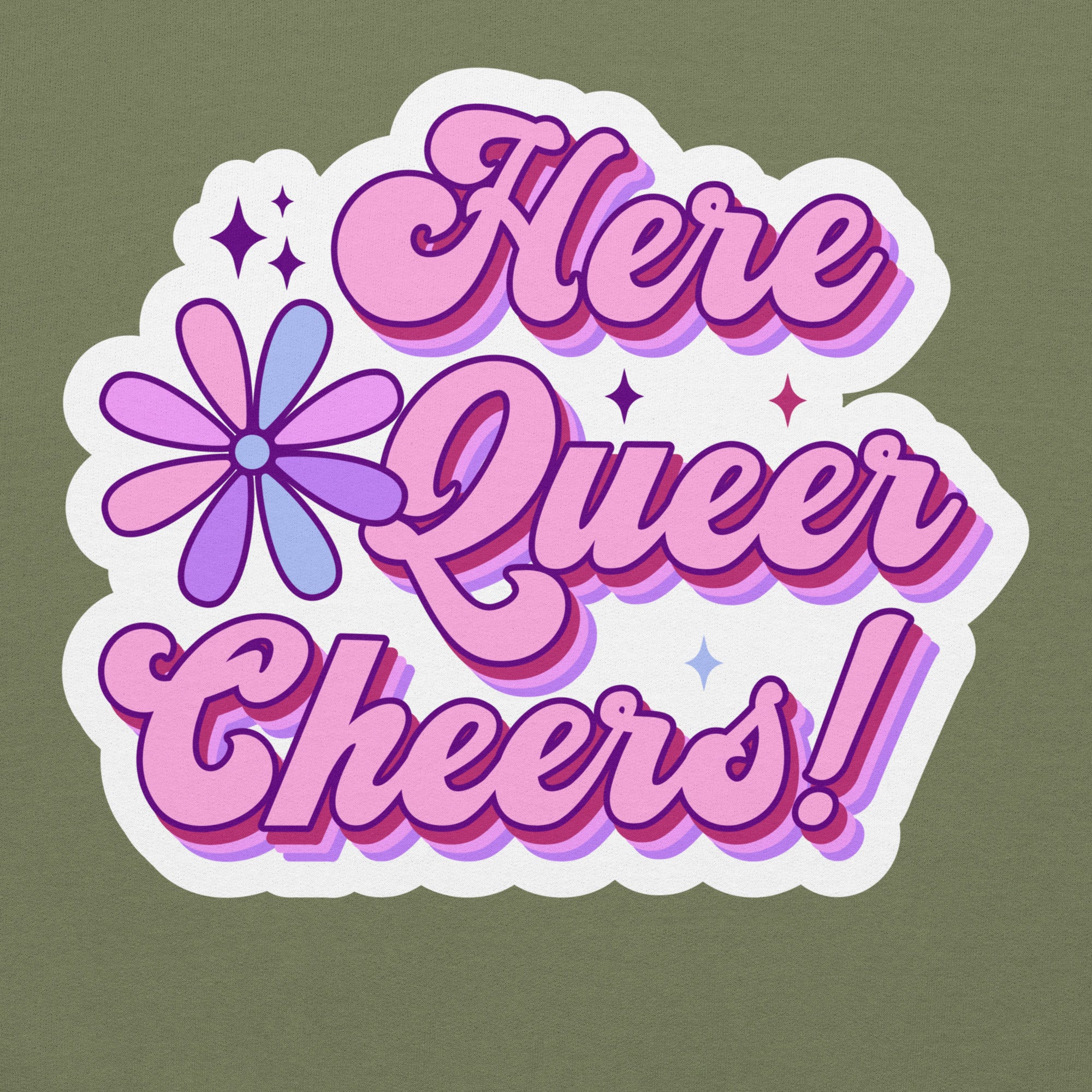 Here Queer Cheers pride hoodie, military green, front view — Rose Gold Co