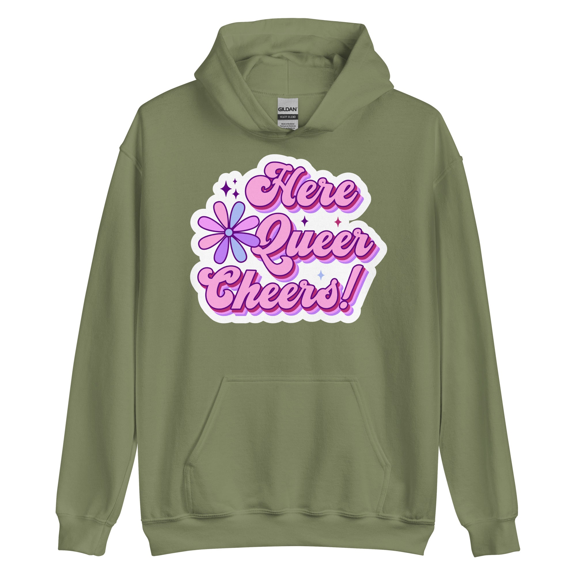 Here Queer Cheers pride hoodie, military green, front view 2 — Rose Gold Co