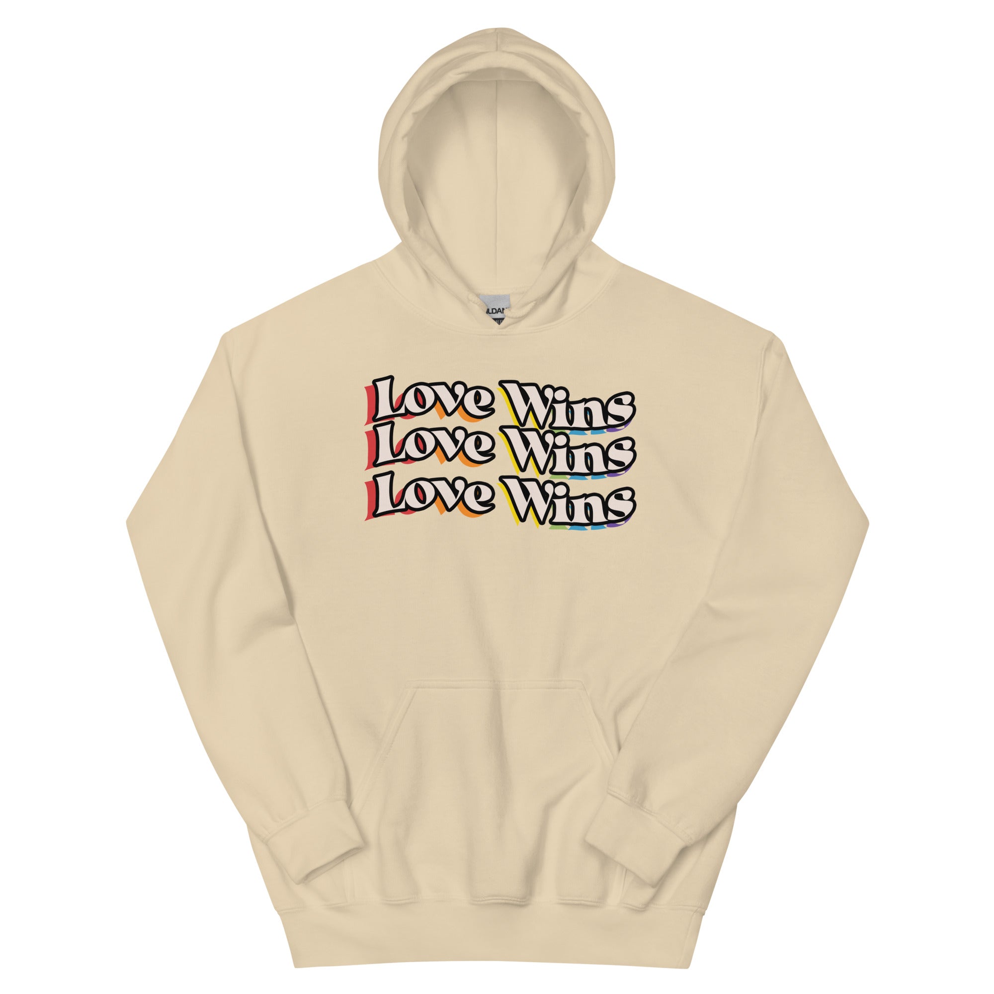 Love Wins rainbow shadow hoodie, flat lay — Rose Gold Co