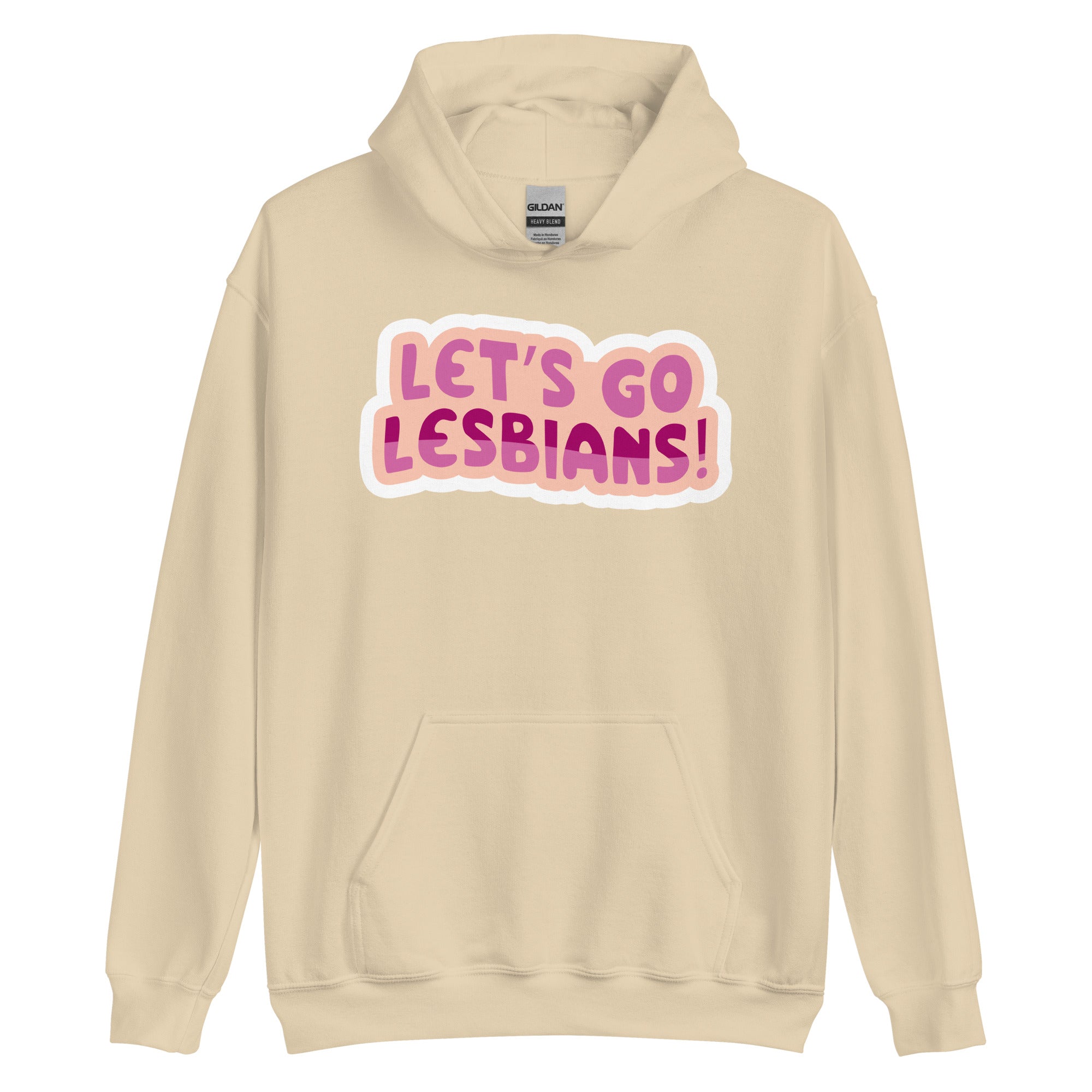 Let's Go Lesbians pride hoodie, sand, front view — Rose Gold Co