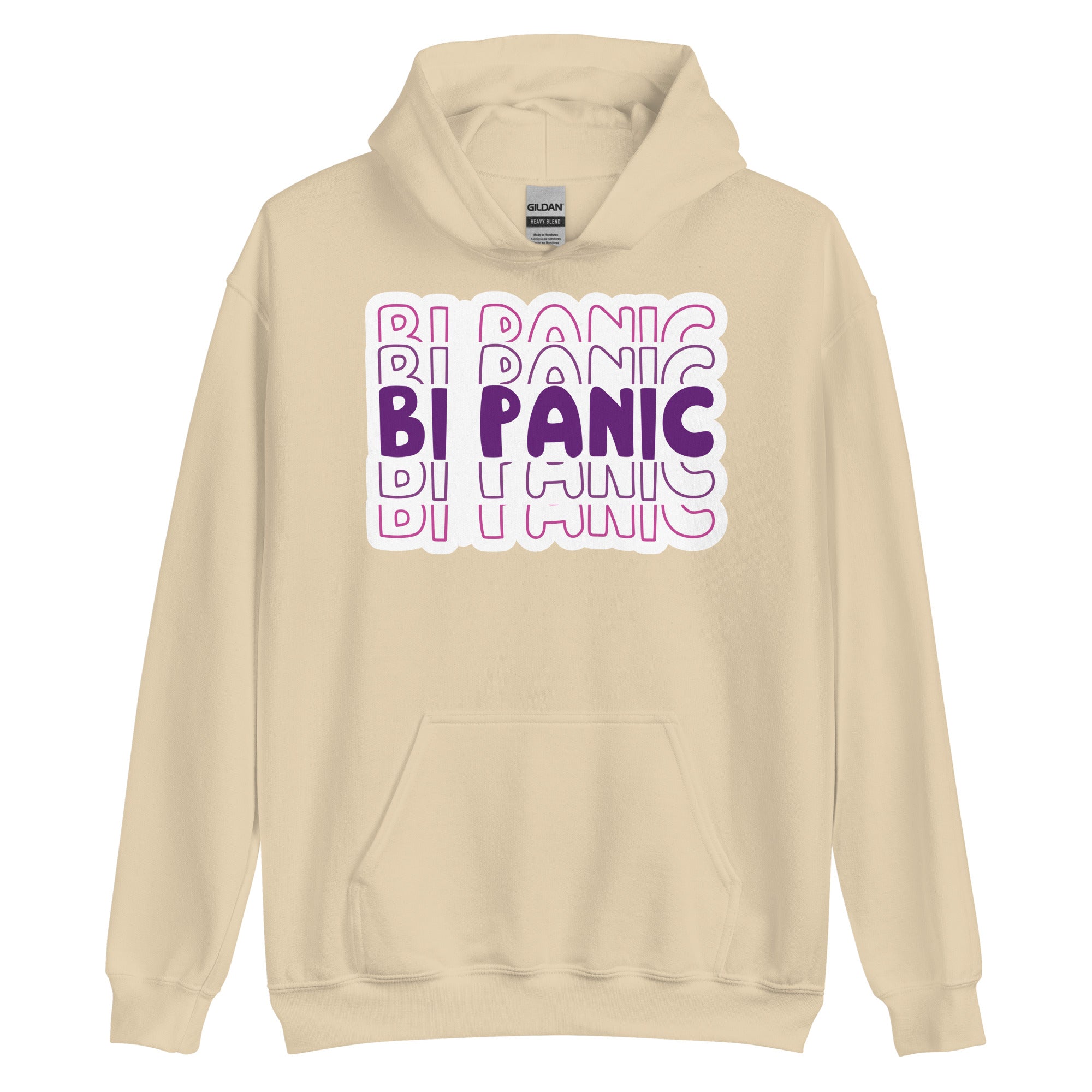 Bi Panic pride hoodie, sand, front view — Rose Gold Co