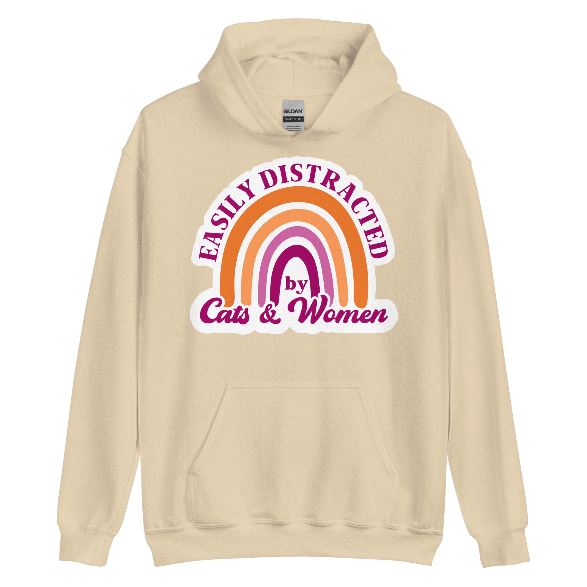 Easily Distracted by Cats & Women pride hoodie, sand, front view — Rose Gold Co