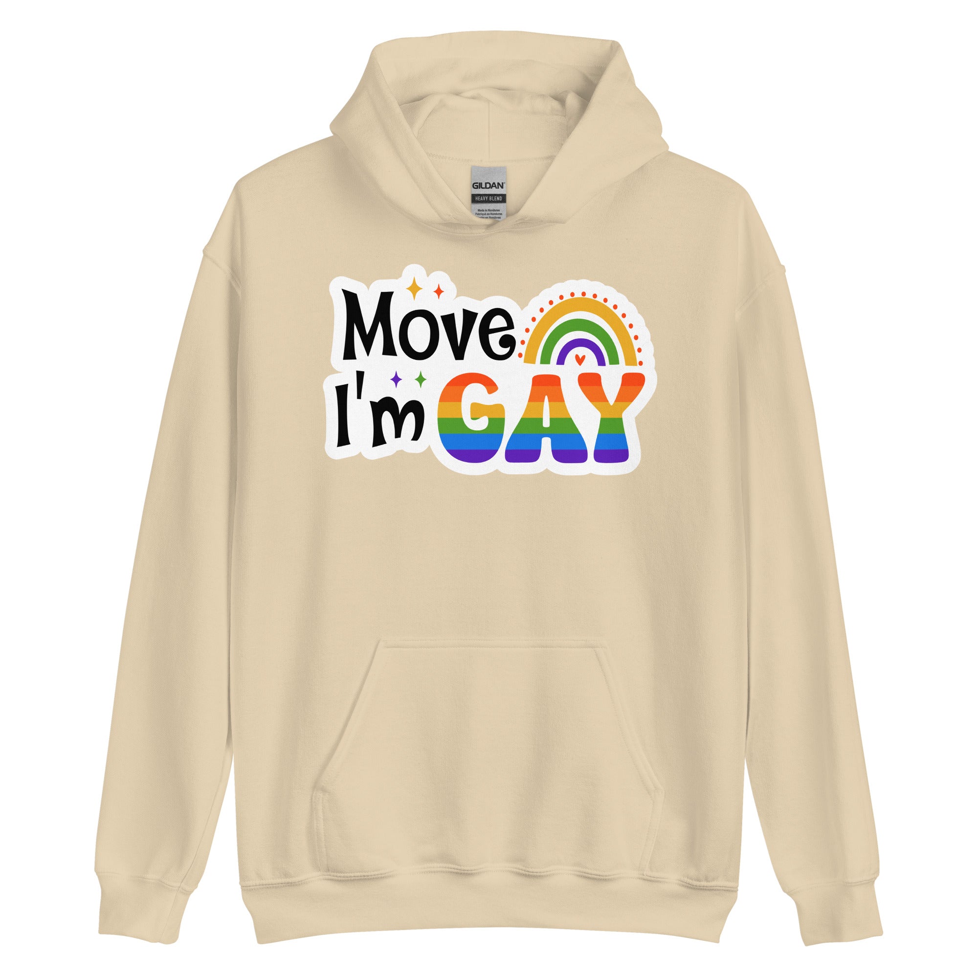 Move I'm Gay pride hoodie, sand, front view — Rose Gold Co