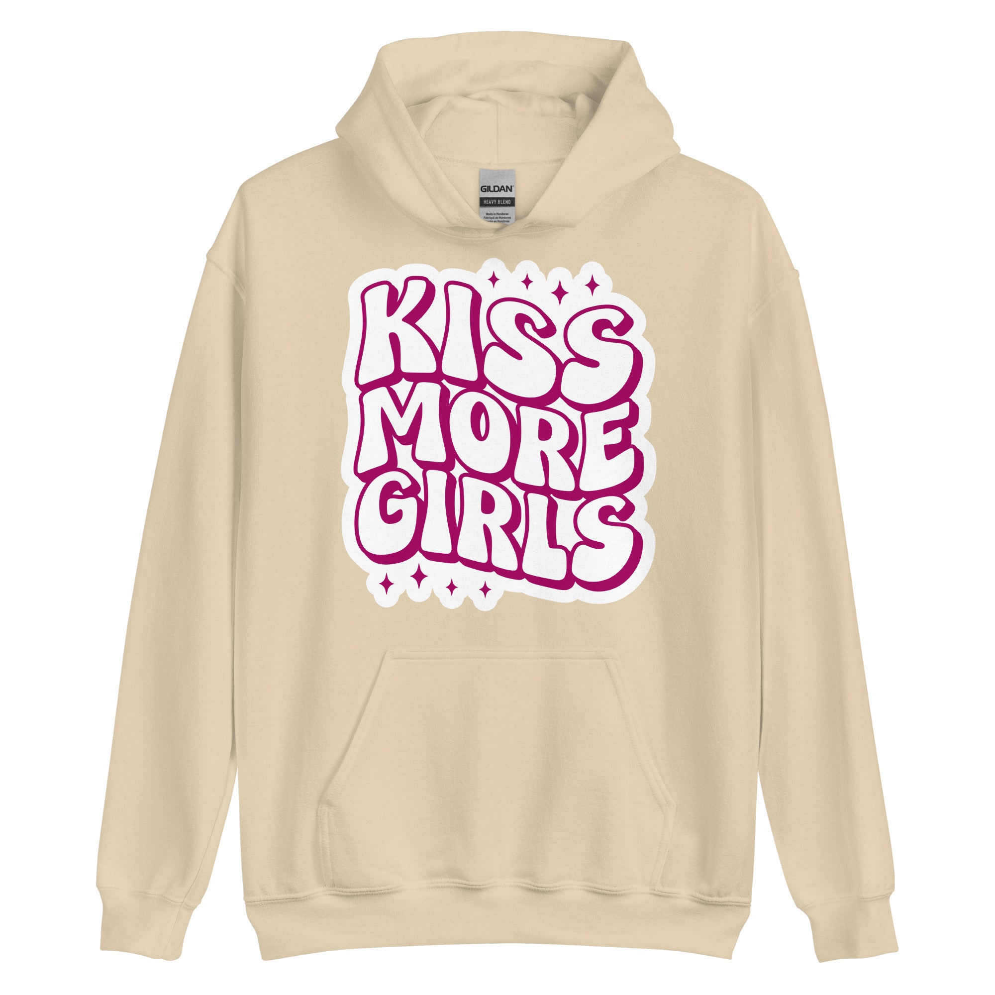 Kiss More Girls pride hoodie, sand, front view — Rose Gold Co