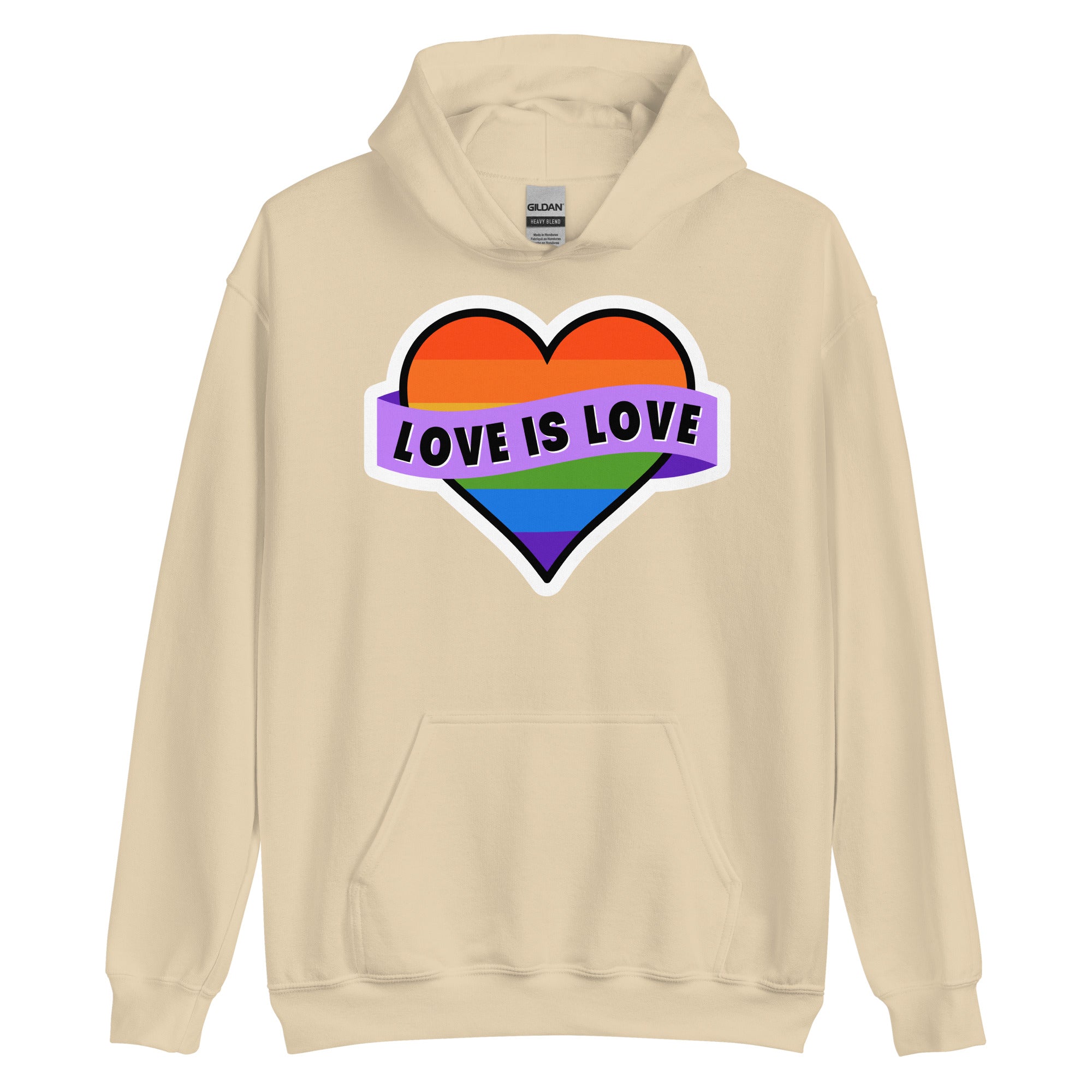 Love Is Love pride hoodie, sand, front view — Rose Gold Co