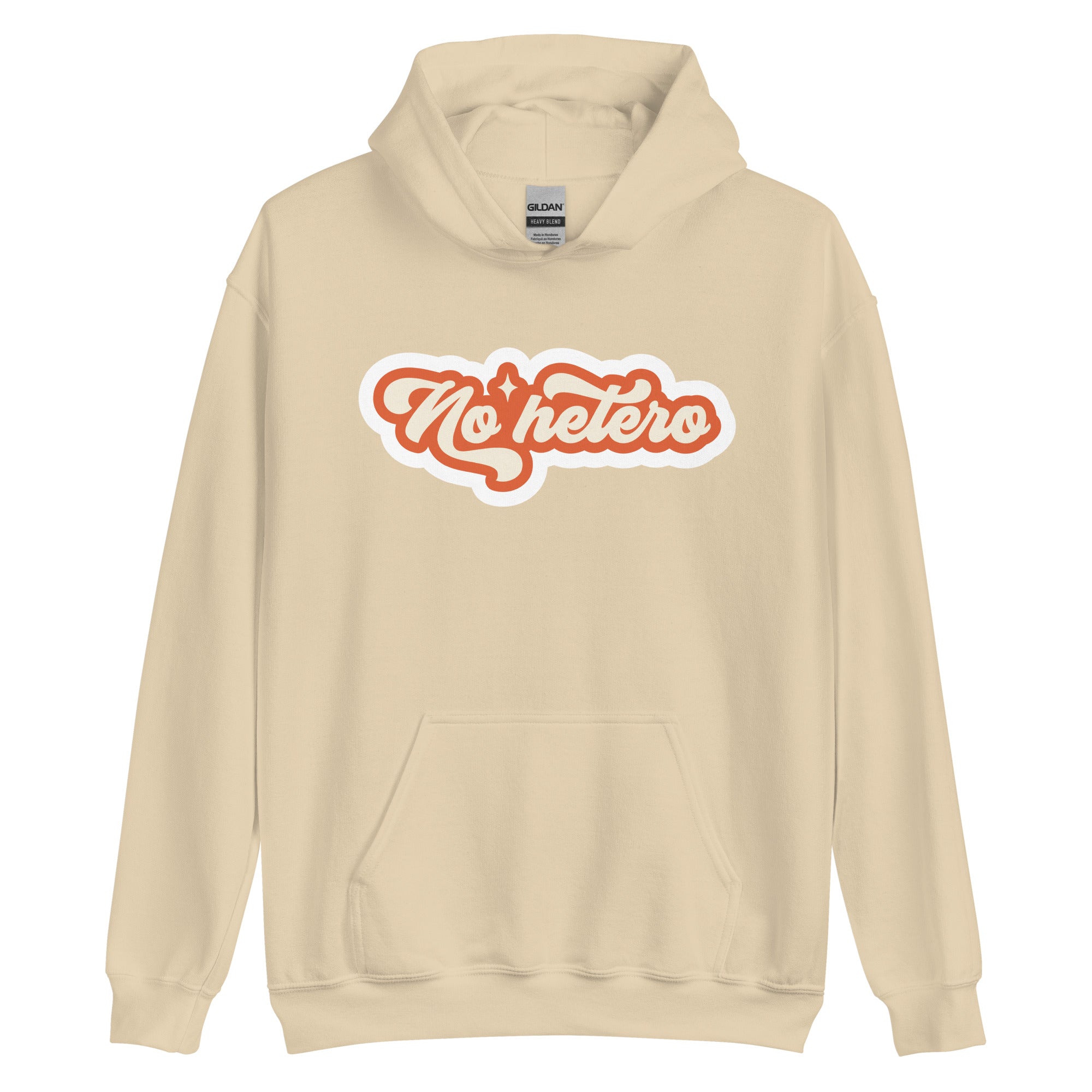 No Hetero pride hoodie, sand, front view — Rose Gold Co