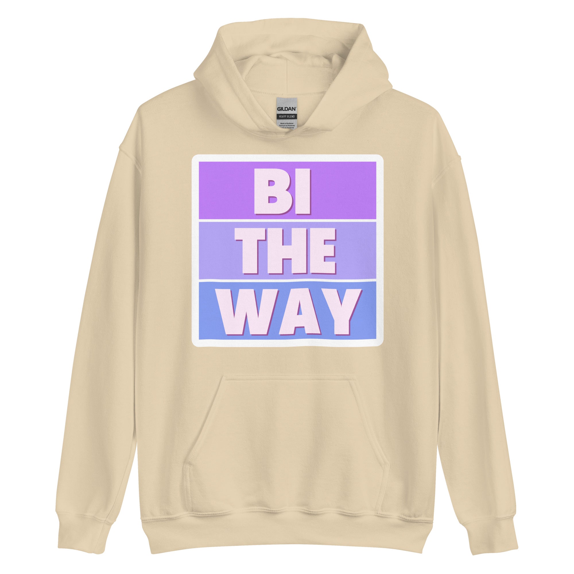 Bi the Way pride hoodie, sand, front view — Rose Gold Co