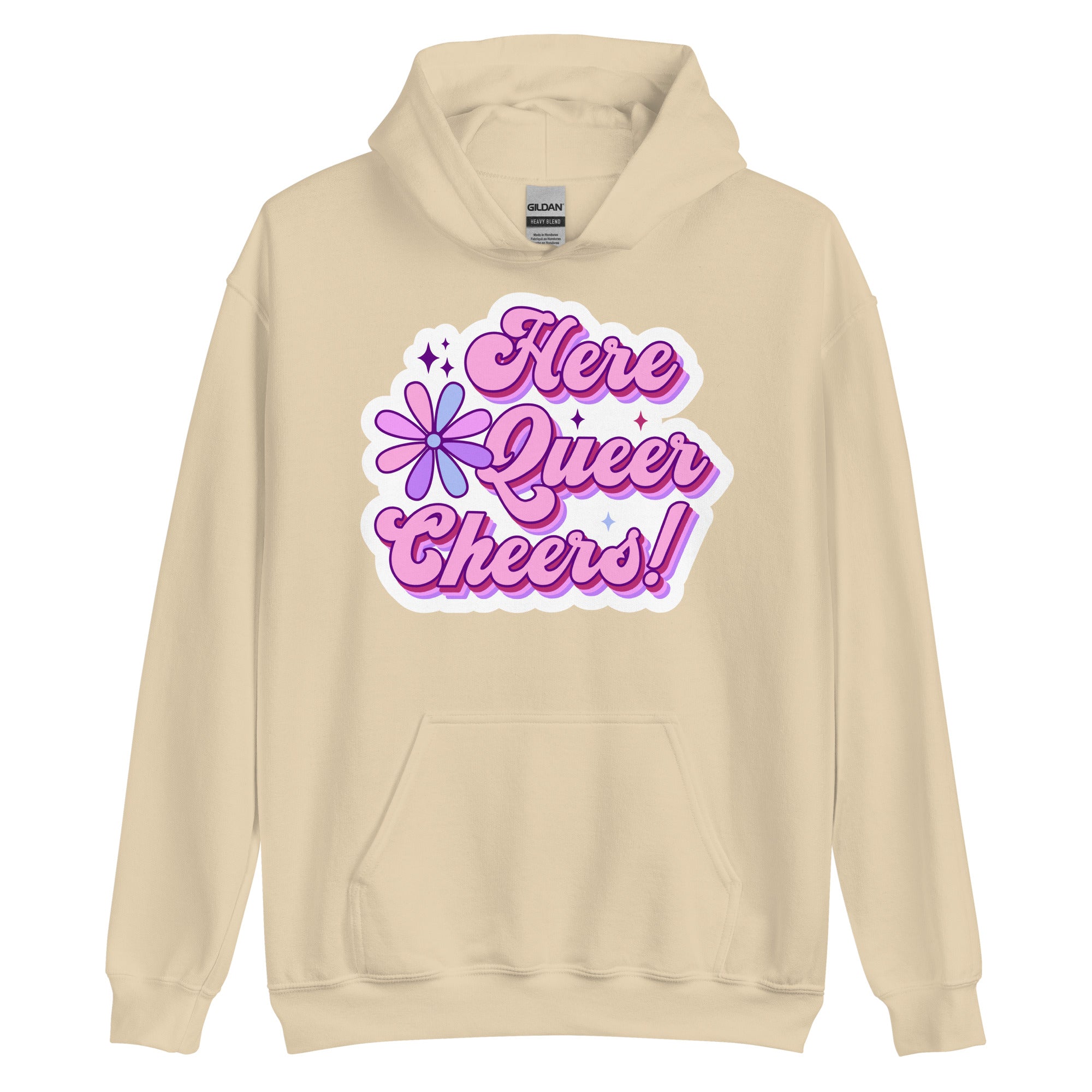 Here Queer Cheers pride hoodie, sand, front view — Rose Gold Co
