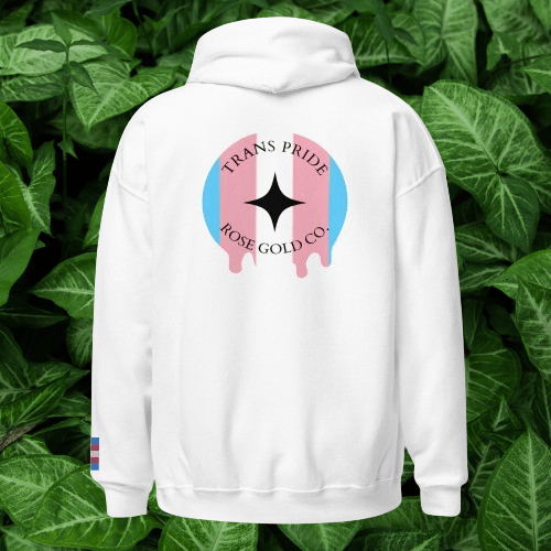 Melting Trans Pride embroidered hoodie, front view — Rose Gold Co