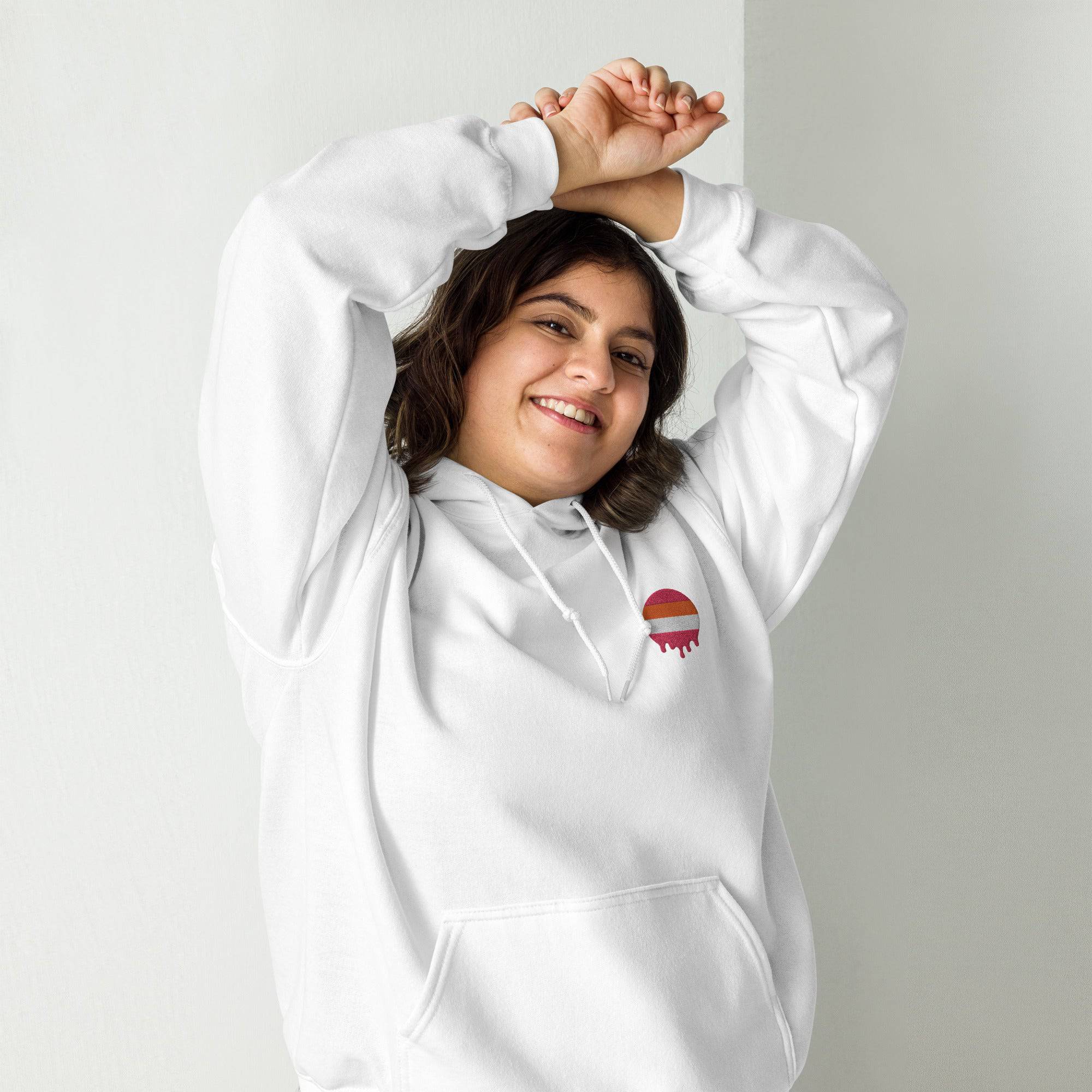 Melting Lesbian Pride embroidered hoodie, view 6 — Rose Gold Co