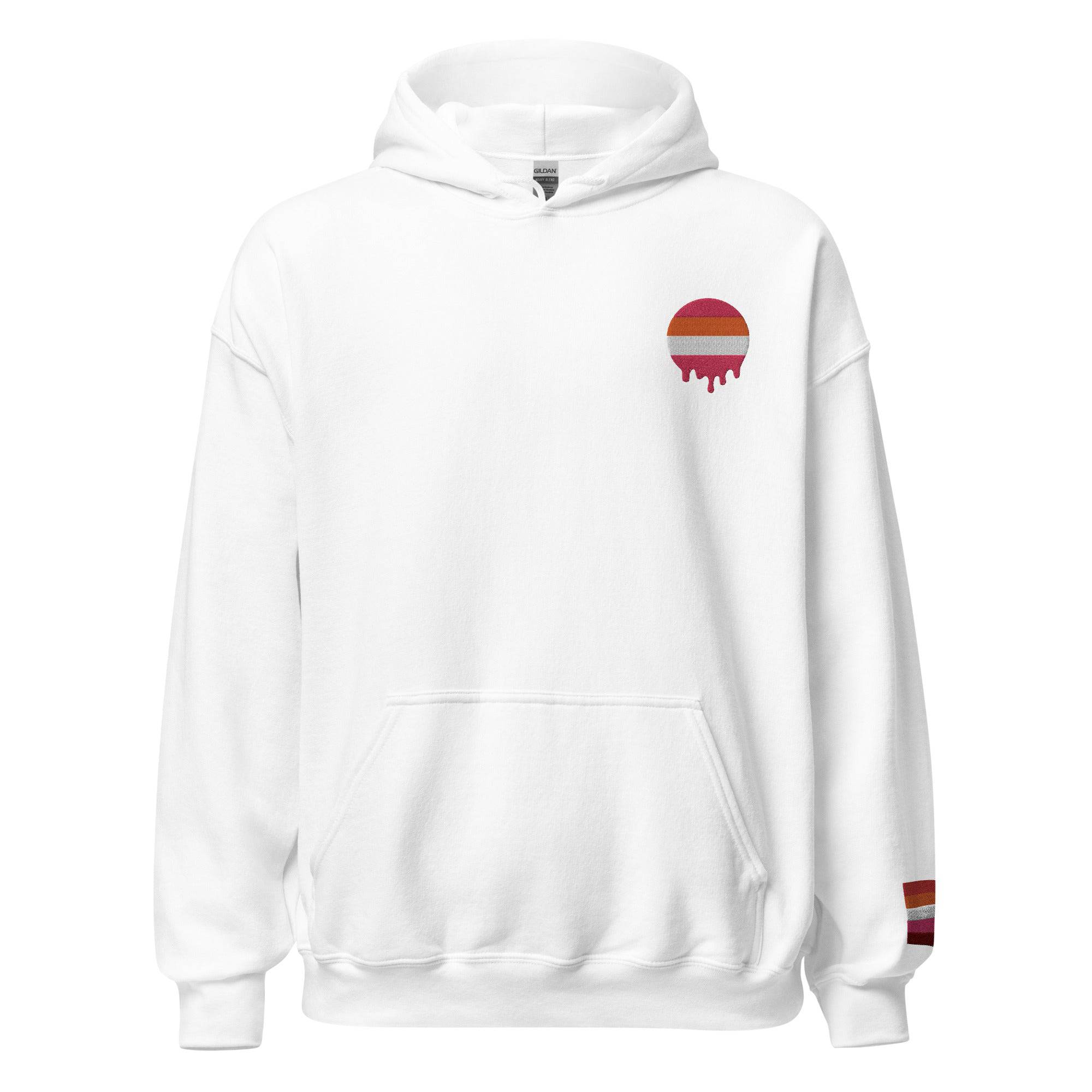 Melting Lesbian Pride embroidered hoodie, front view — Rose Gold Co