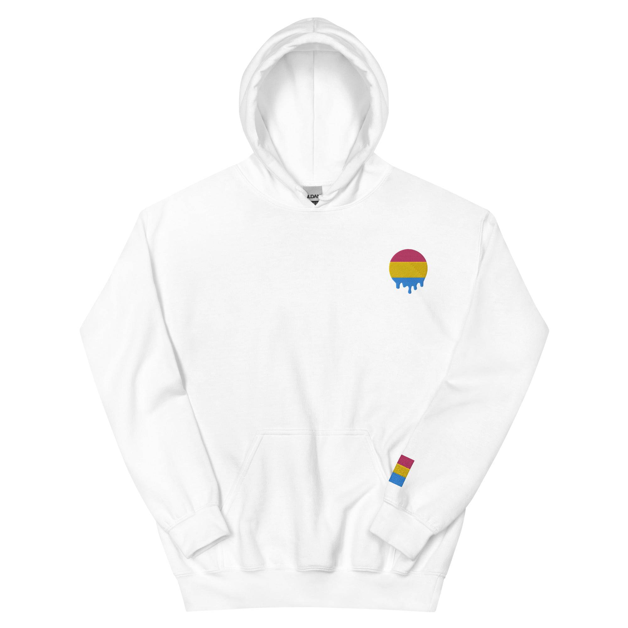 Melting Pansexual Pride embroidered hoodie, front view — Rose Gold Co