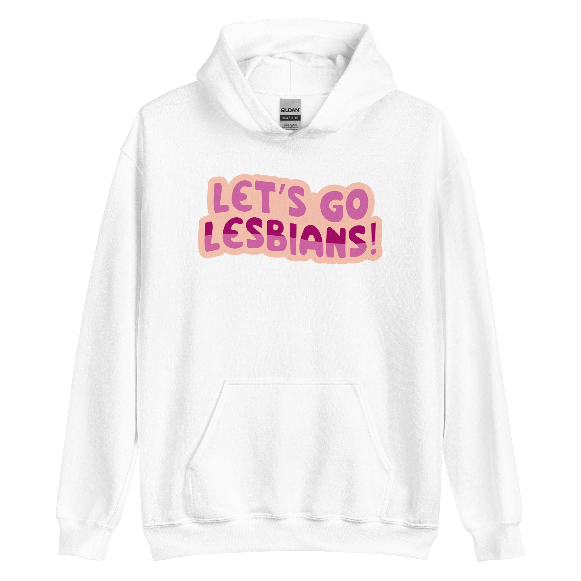 Let's Go Lesbians pride hoodie, white, front view — Rose Gold Co