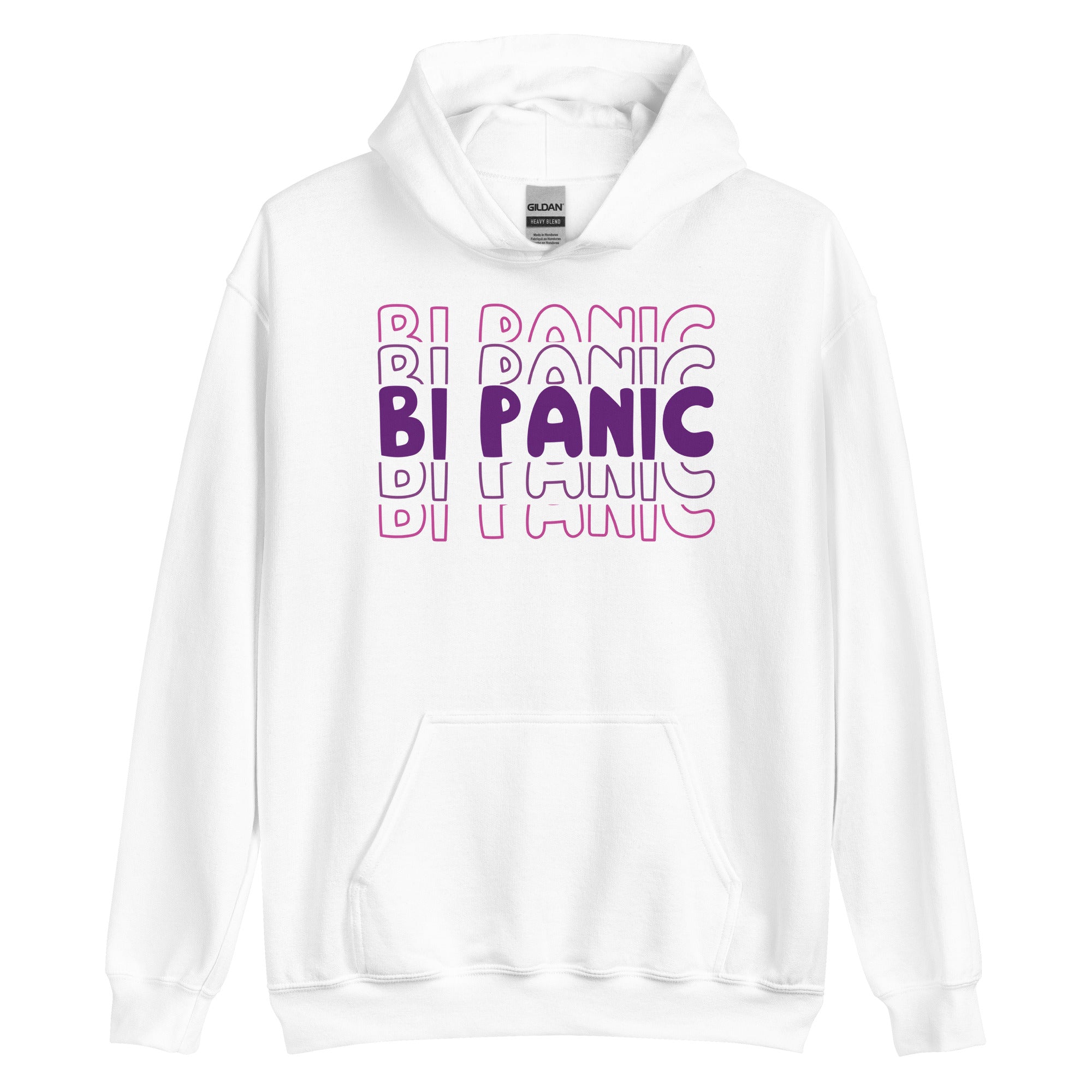 Bi Panic pride hoodie, white, front view — Rose Gold Co
