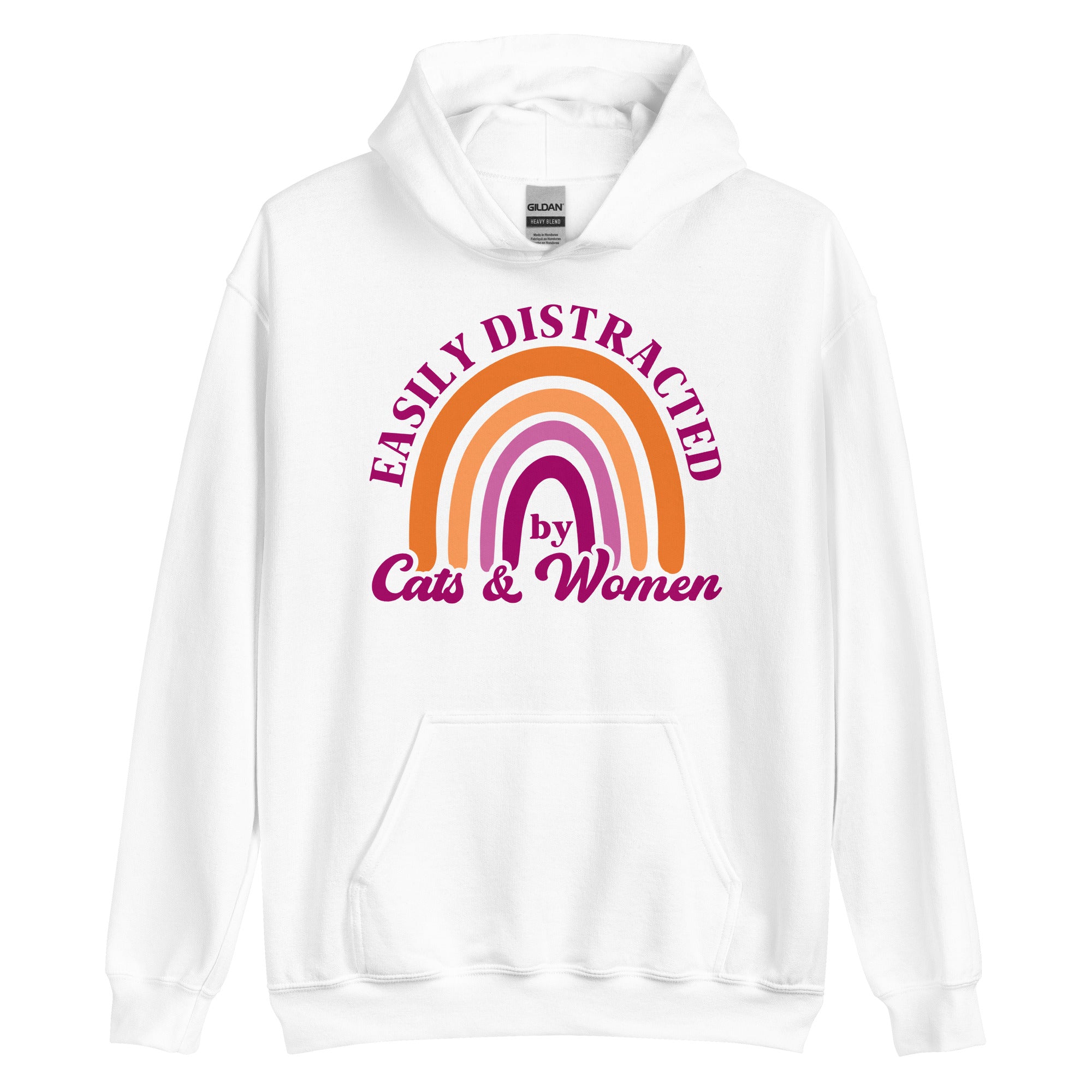 Easily Distracted by Cats & Women pride hoodie, white, front view — Rose Gold Co