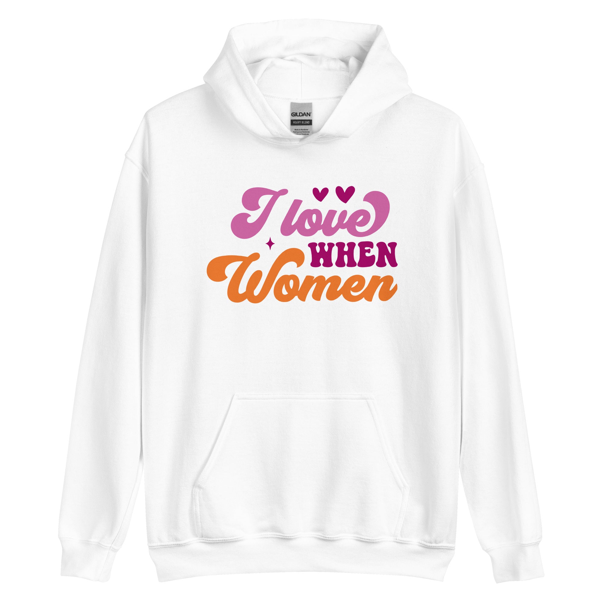 I Love When Women pride hoodie, white, front view — Rose Gold Co