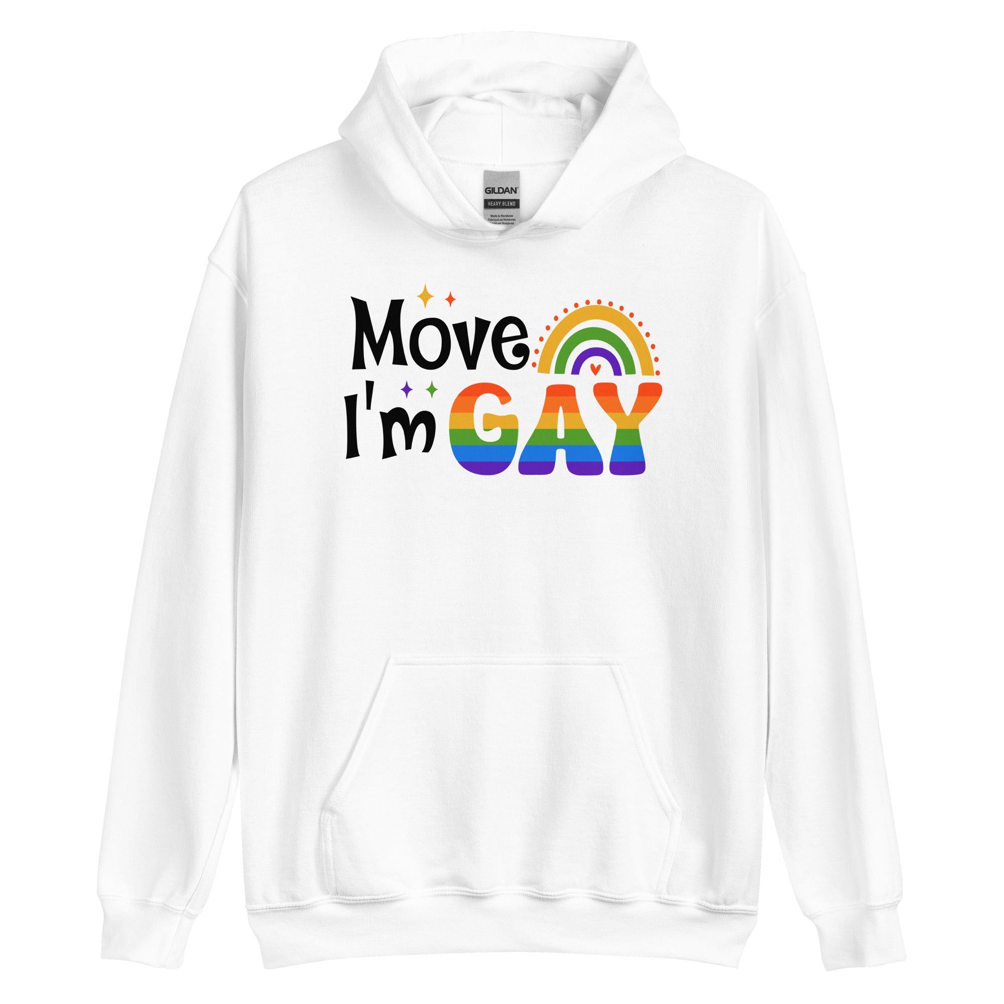 Move I'm Gay pride hoodie, white, front view — Rose Gold Co
