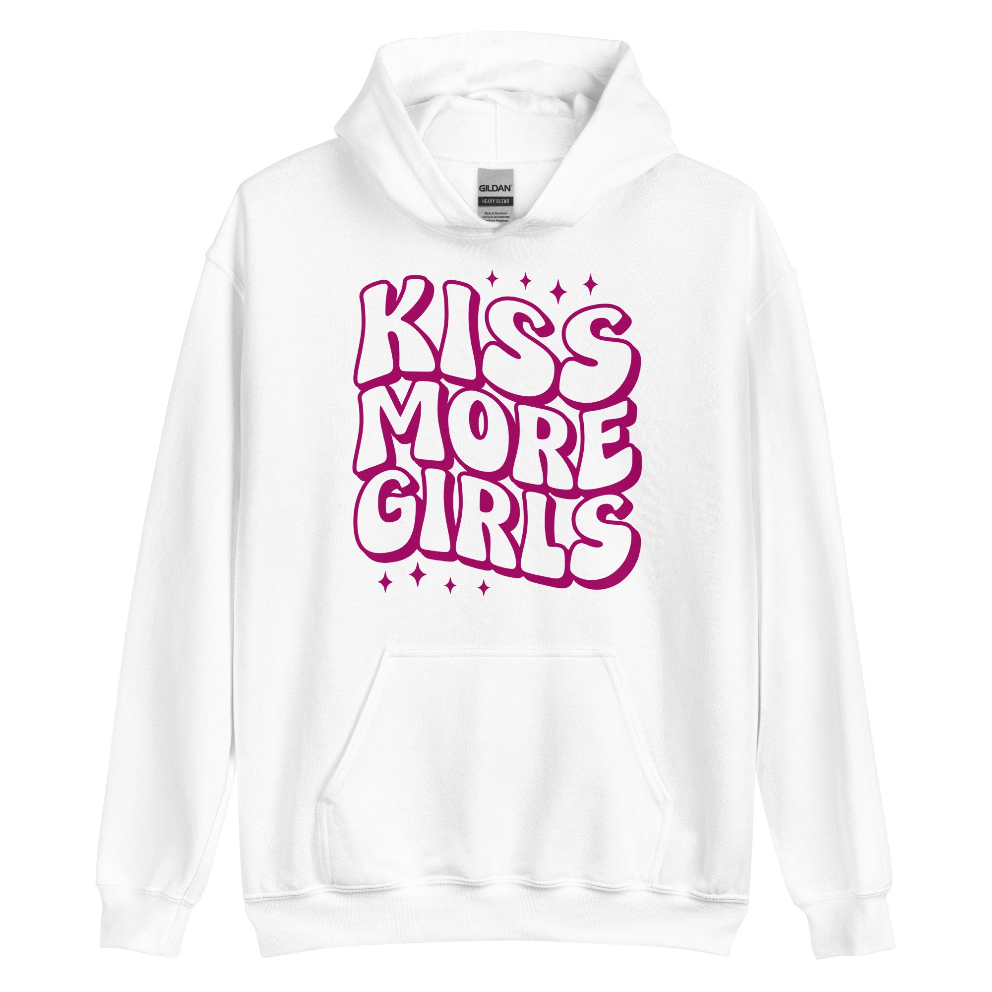 Kiss More Girls pride hoodie, white, front view — Rose Gold Co