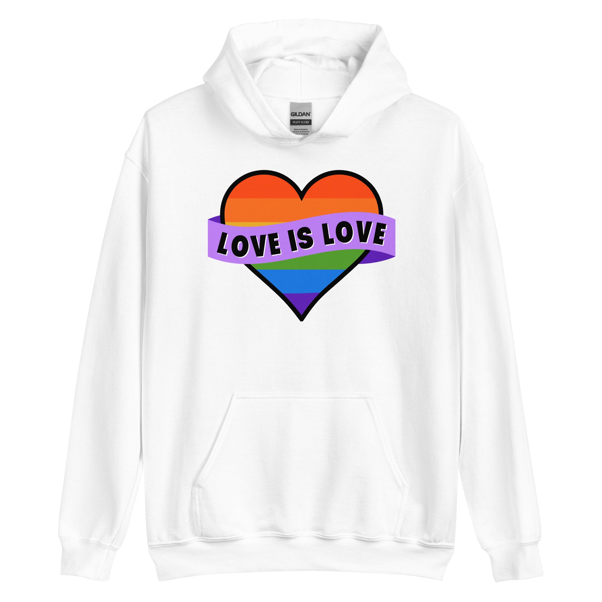 Love Is Love pride hoodie, white, front view — Rose Gold Co