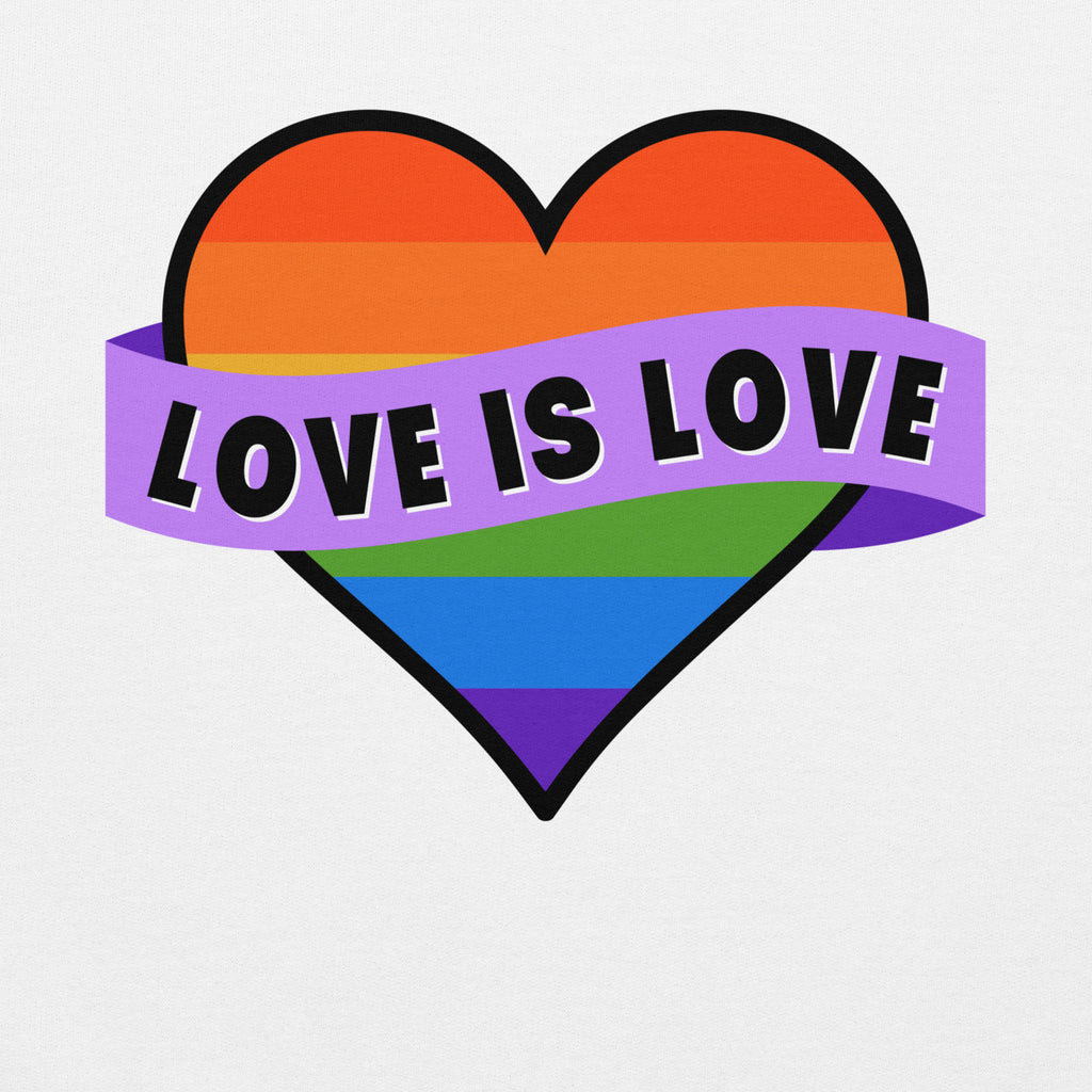 Love Is Love pride hoodie, white, front view 2 — Rose Gold Co
