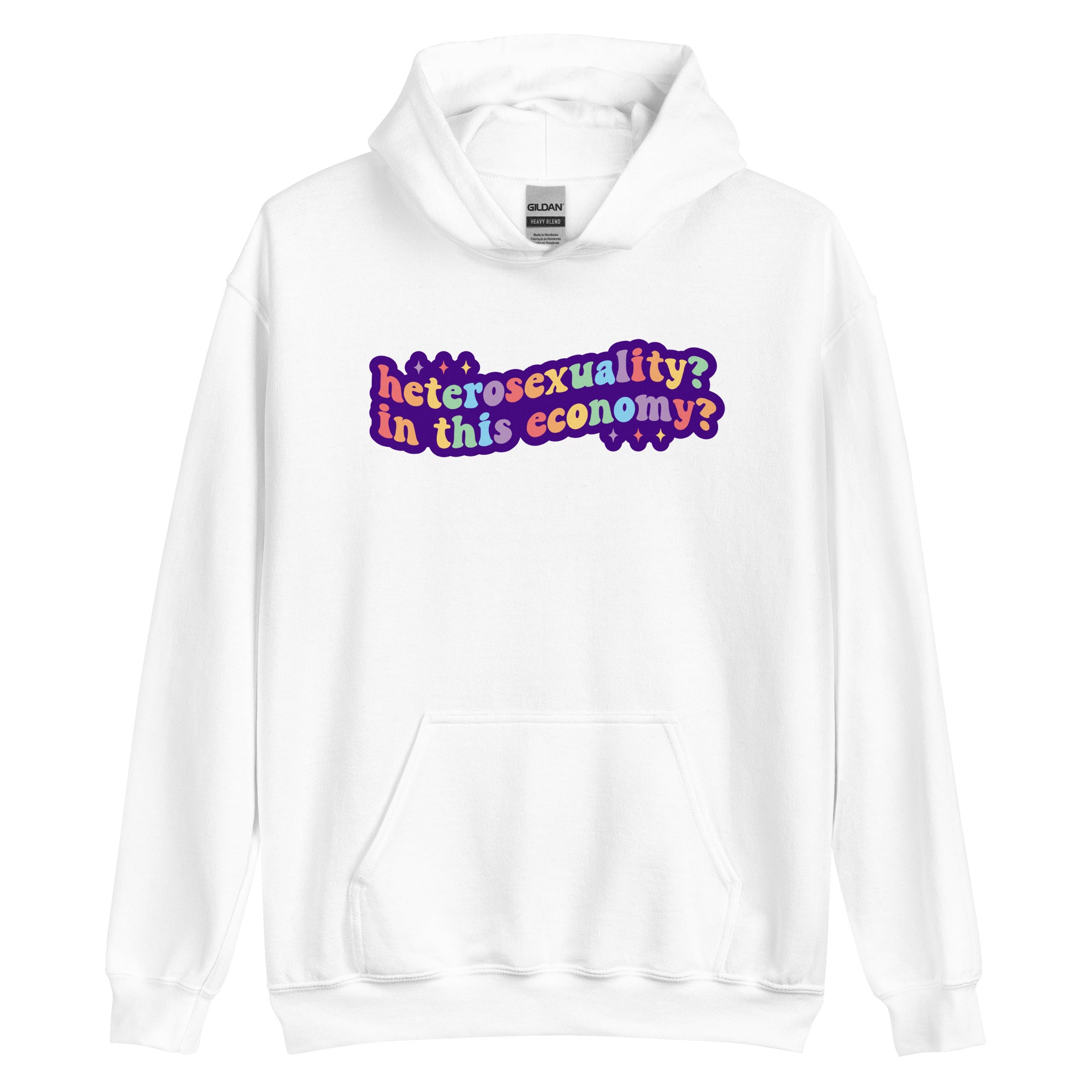 Heterosexuality? In This Economy? pride hoodie, white, front view — Rose Gold Co