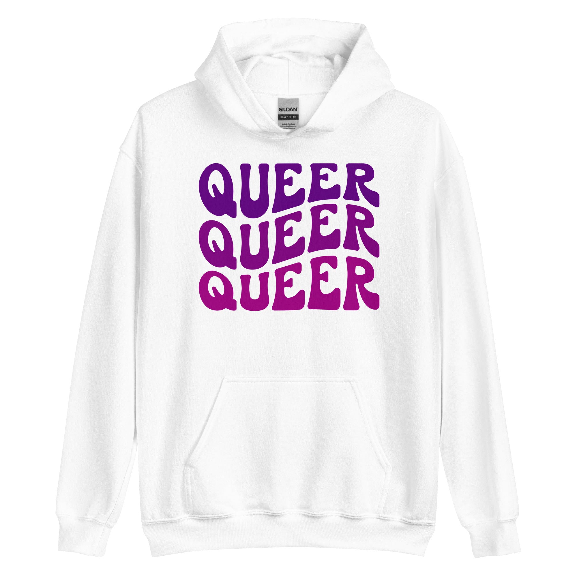Queer pride hoodie, white, front view — Rose Gold Co