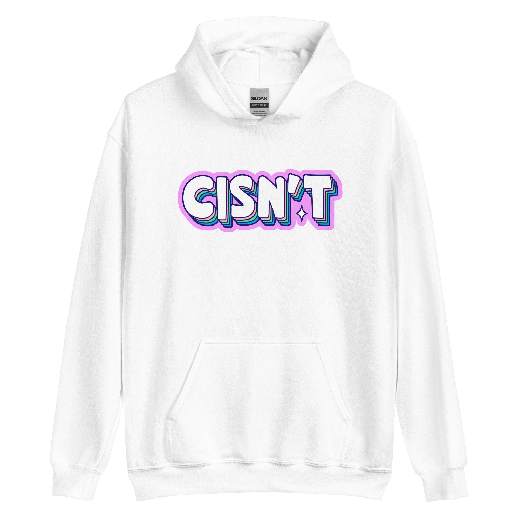 Cisn't pride hoodie, white, front view — Rose Gold Co