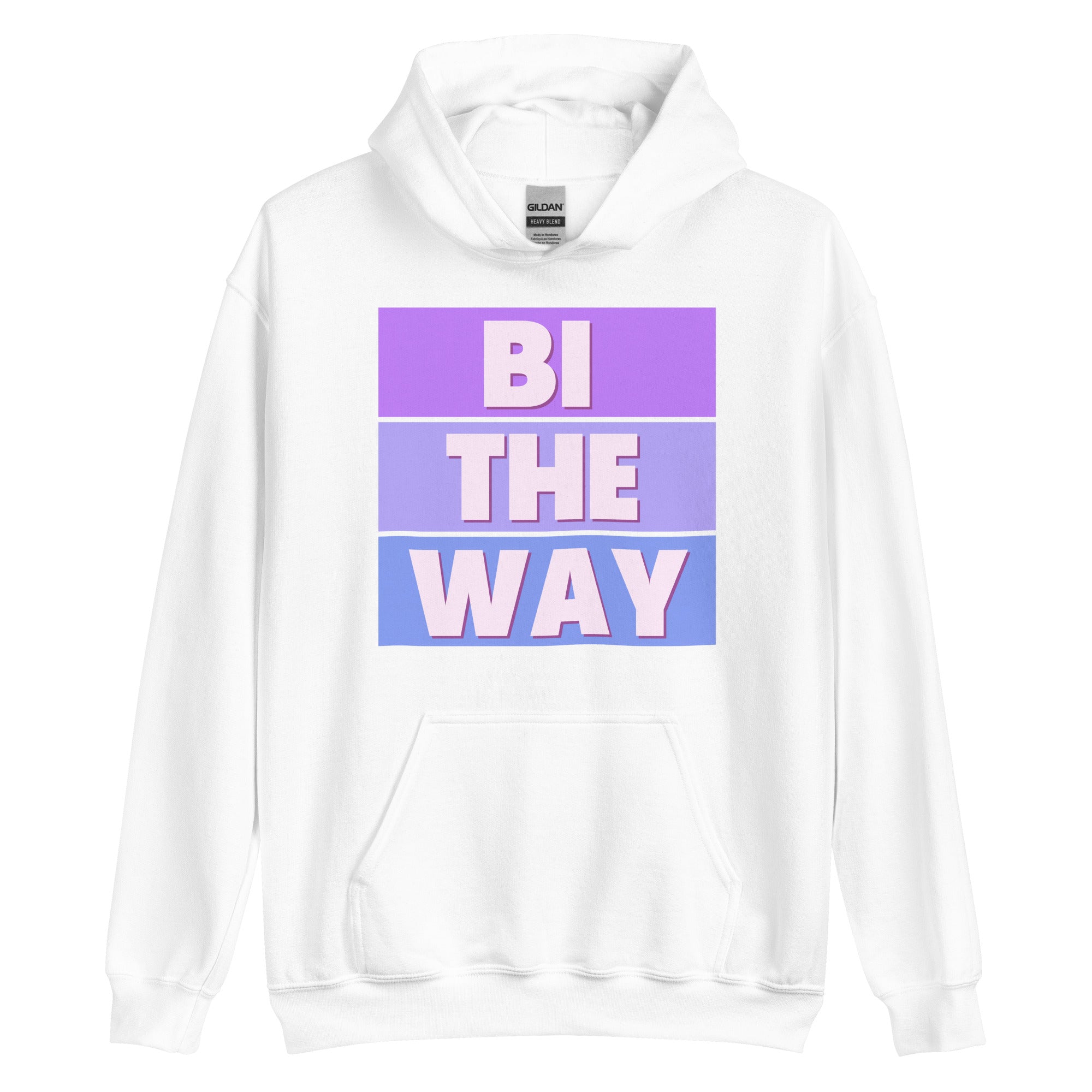 Bi the Way pride hoodie, white, front view — Rose Gold Co