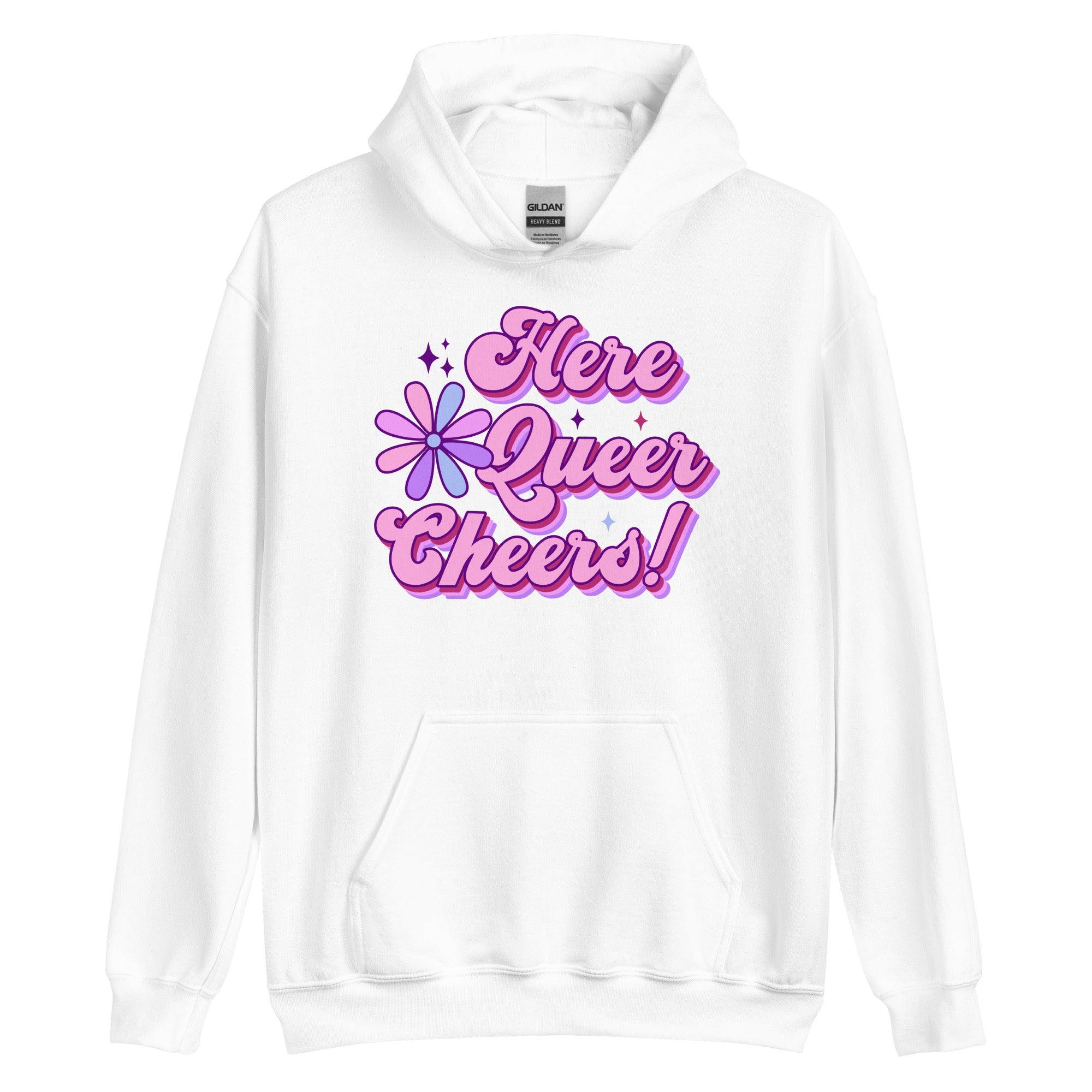Here Queer Cheers pride hoodie, white, front view — Rose Gold Co