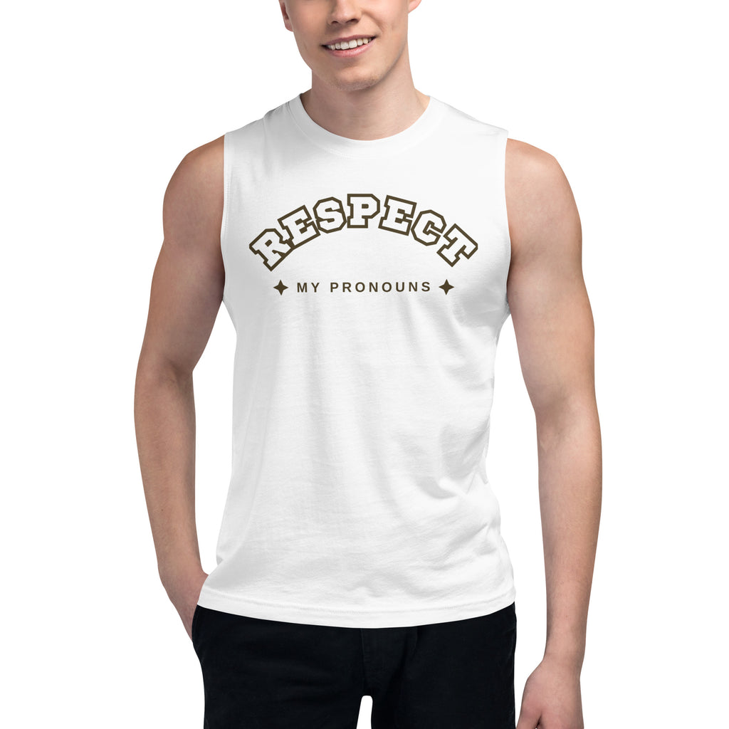 Respect My Pronouns muscle tank, view 7 — Rose Gold Co