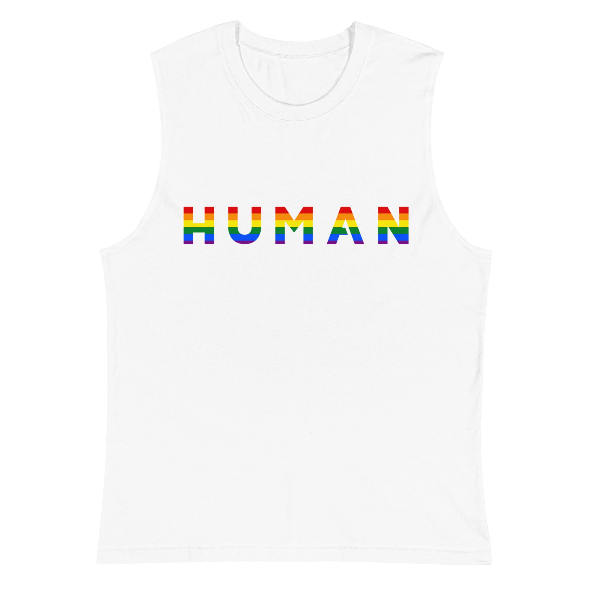 Human rainbow pride tank top in blue, view 2 — Rose Gold Co