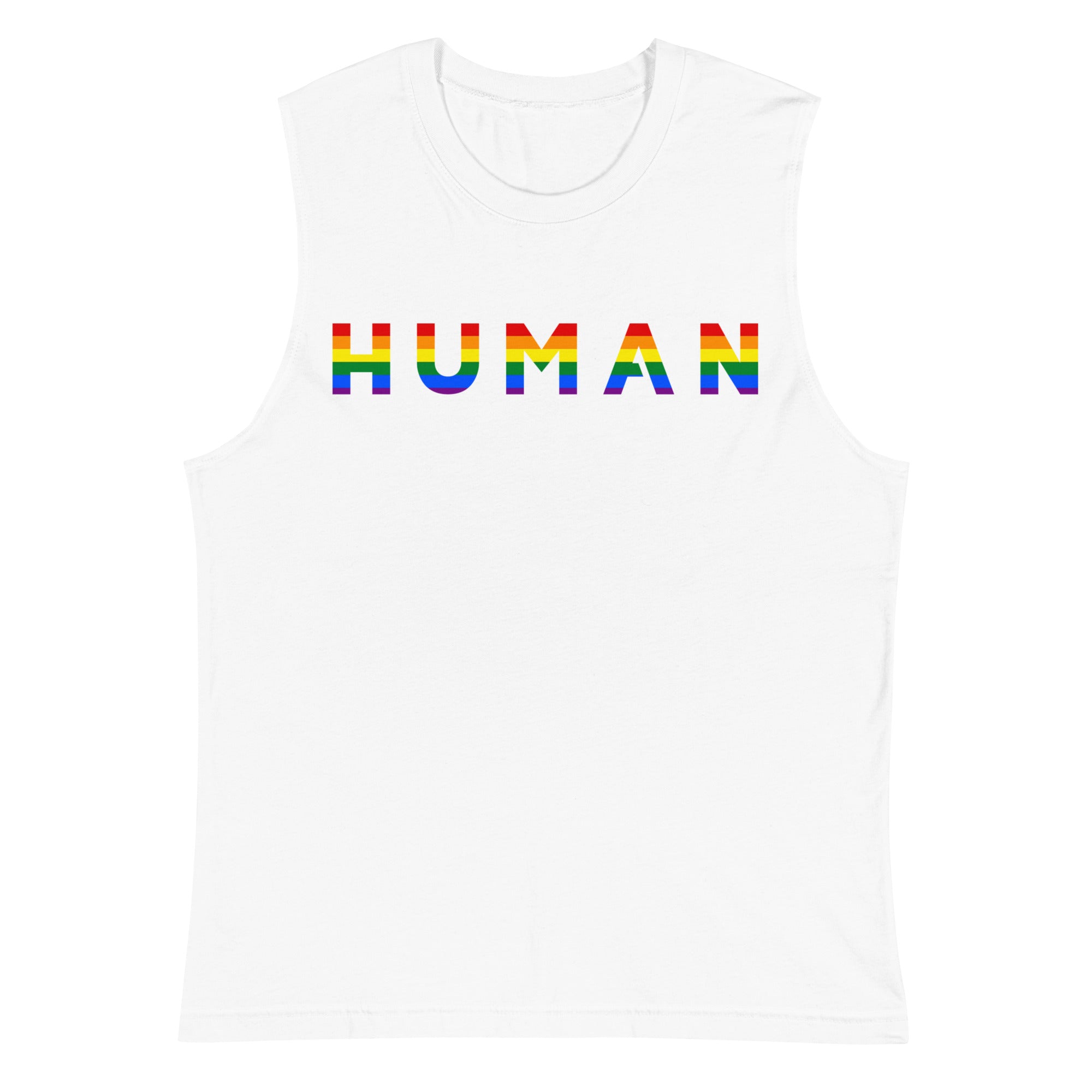 Human rainbow pride tank top in white, view 8 — Rose Gold Co