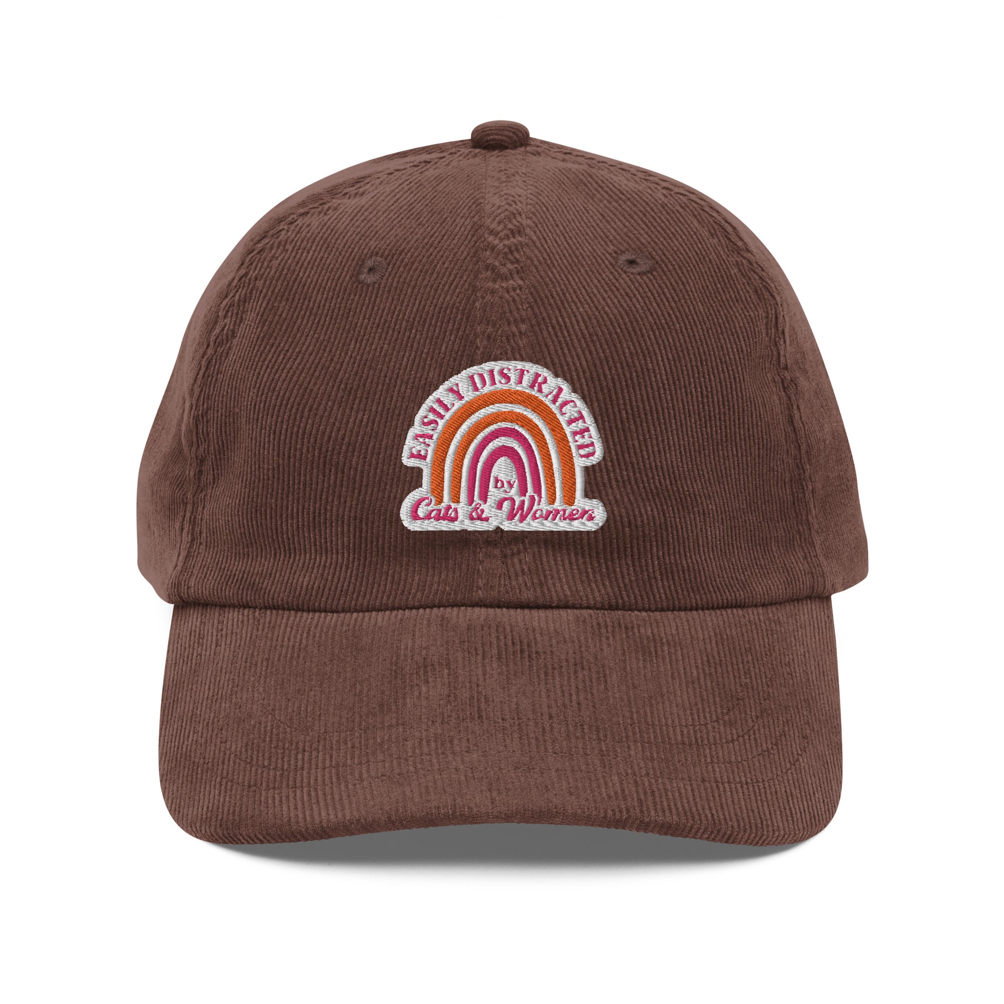 Easily Distracted by Cats and Women corduroy hat, flat lay — Rose Gold Co