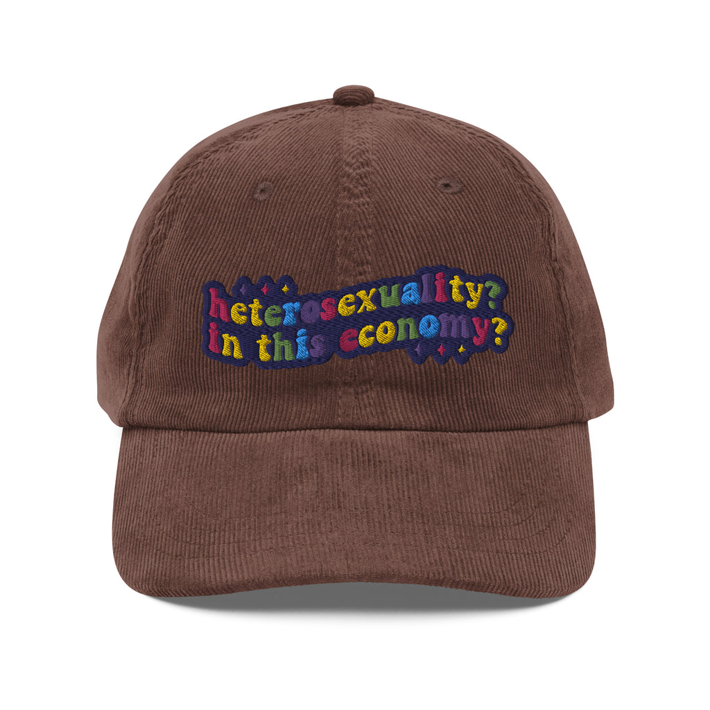 Heterosexuality In This Economy corduroy hat, back view — Rose Gold Co