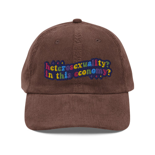 Heterosexuality In This Economy corduroy hat, back view — Rose Gold Co