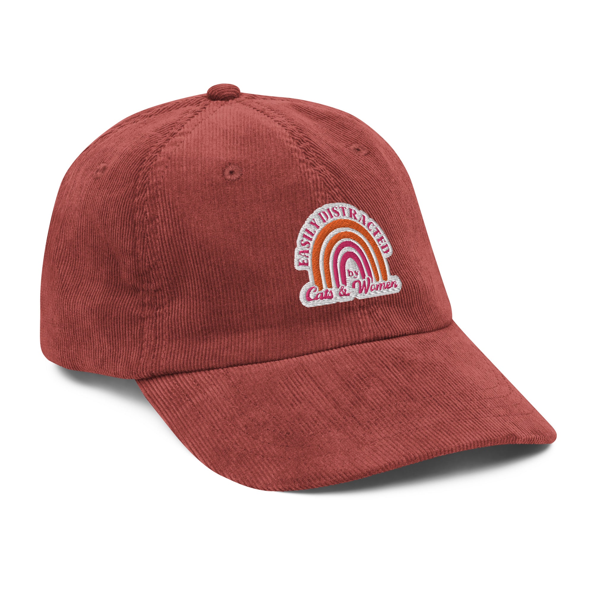 Easily Distracted by Cats and Women corduroy hat, front view — Rose Gold Co