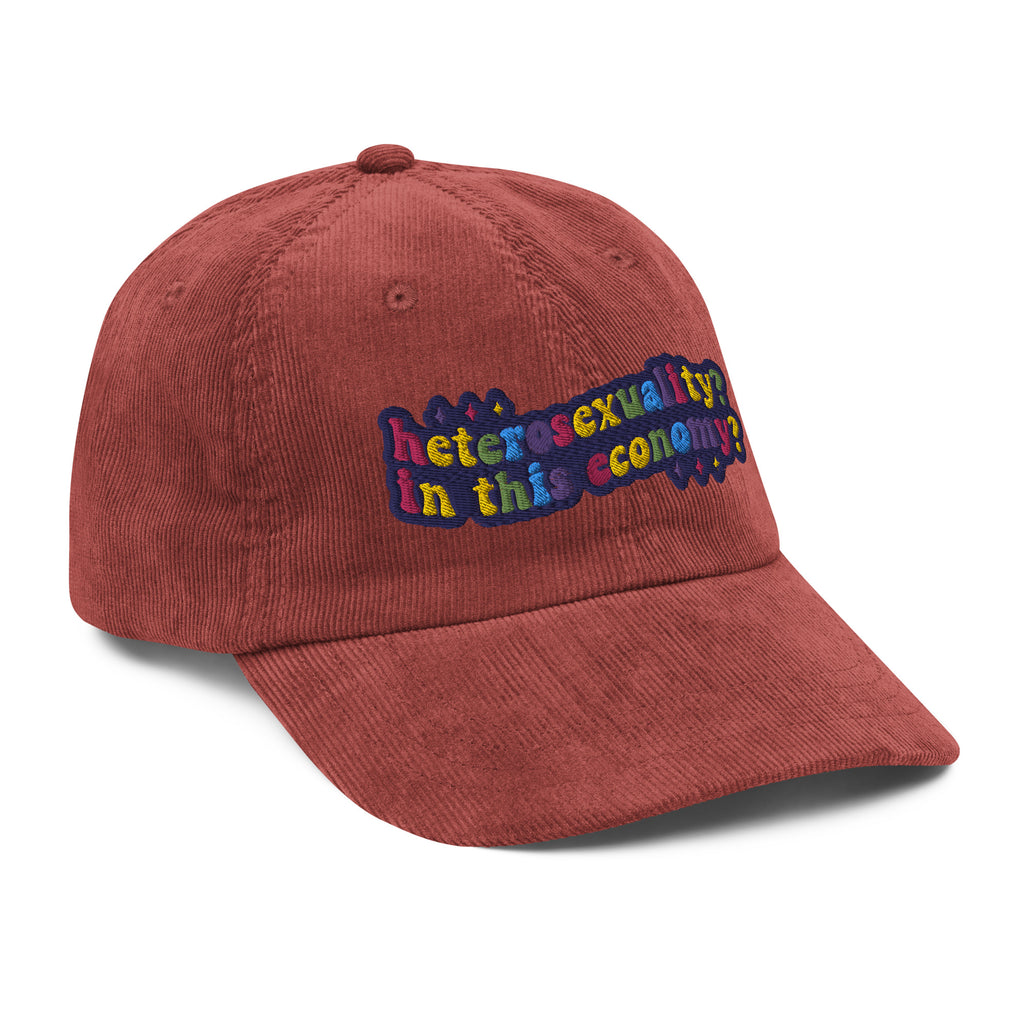 Heterosexuality In This Economy corduroy hat, front view — Rose Gold Co