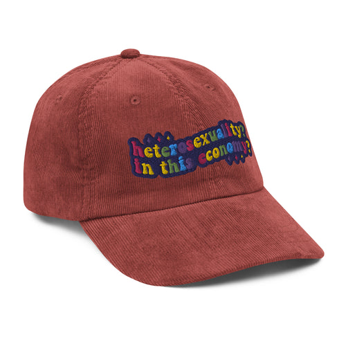 Heterosexuality In This Economy corduroy hat, front view — Rose Gold Co