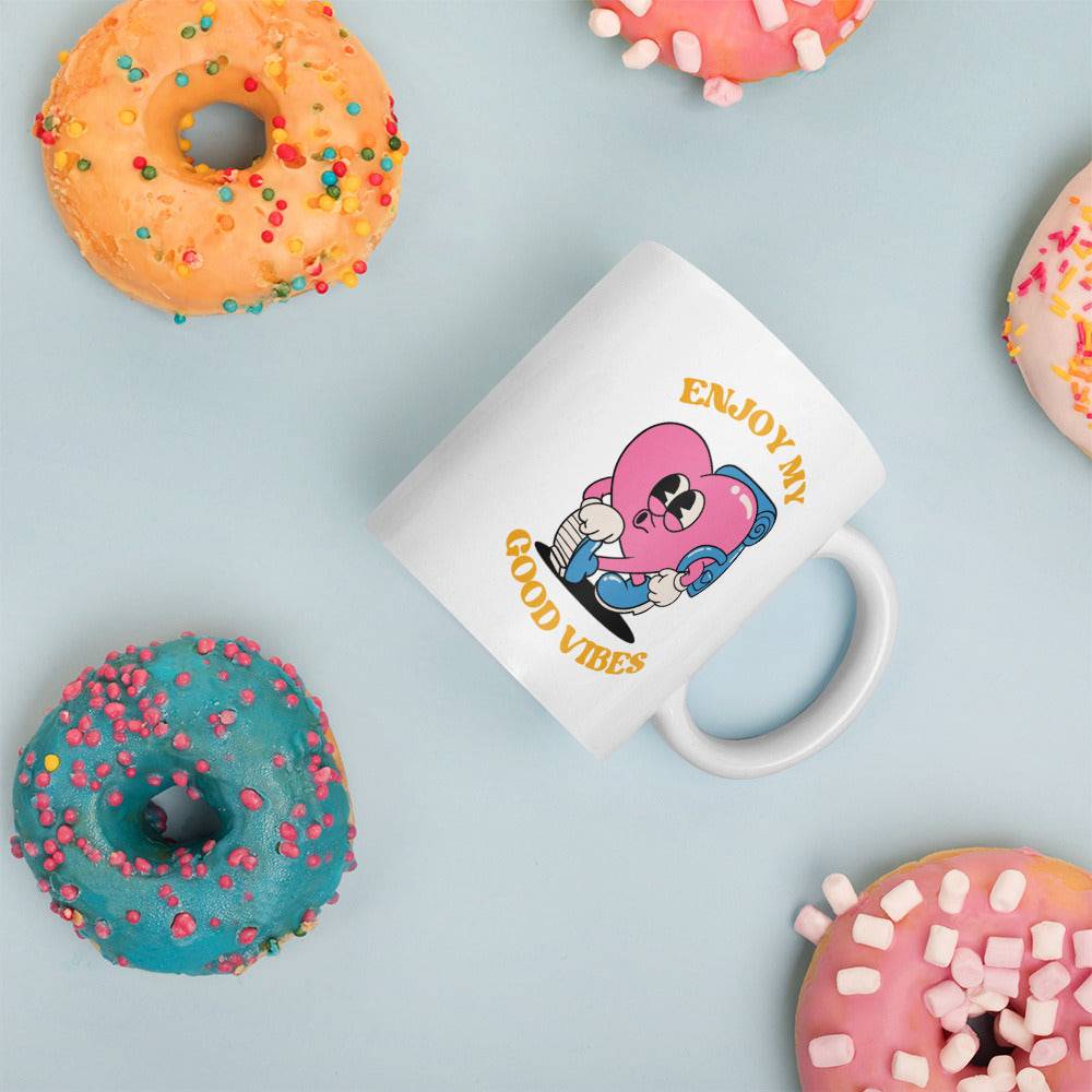 Enjoy My Good Vibes white glossy mug, view 2 — Rose Gold Co