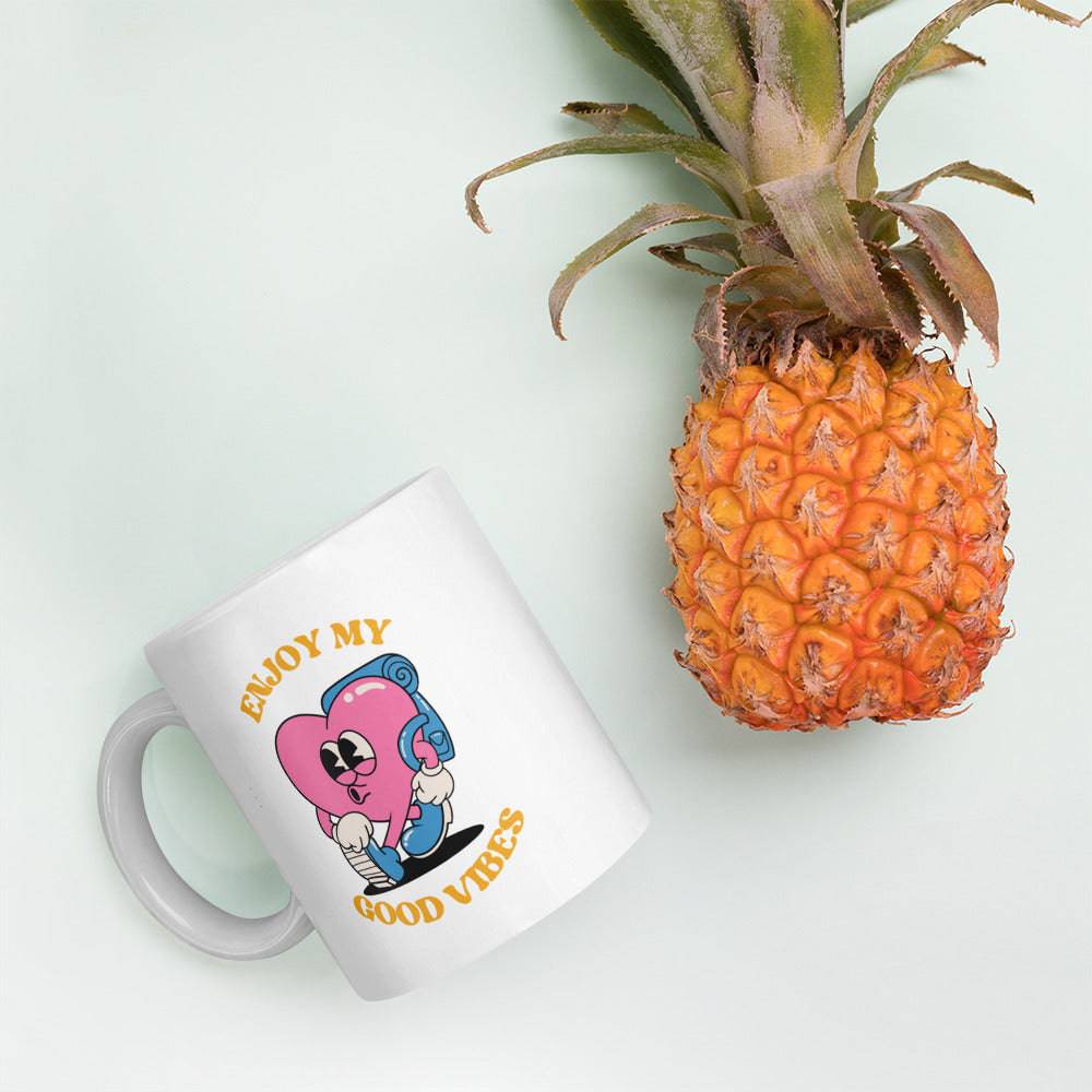 Enjoy My Good Vibes white glossy mug, view 3 — Rose Gold Co