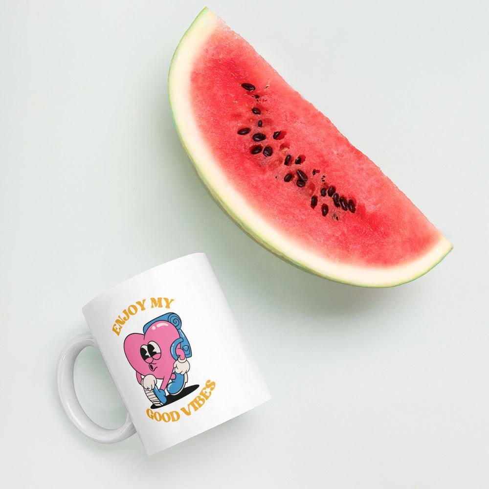 Enjoy My Good Vibes white glossy mug, view 4 — Rose Gold Co