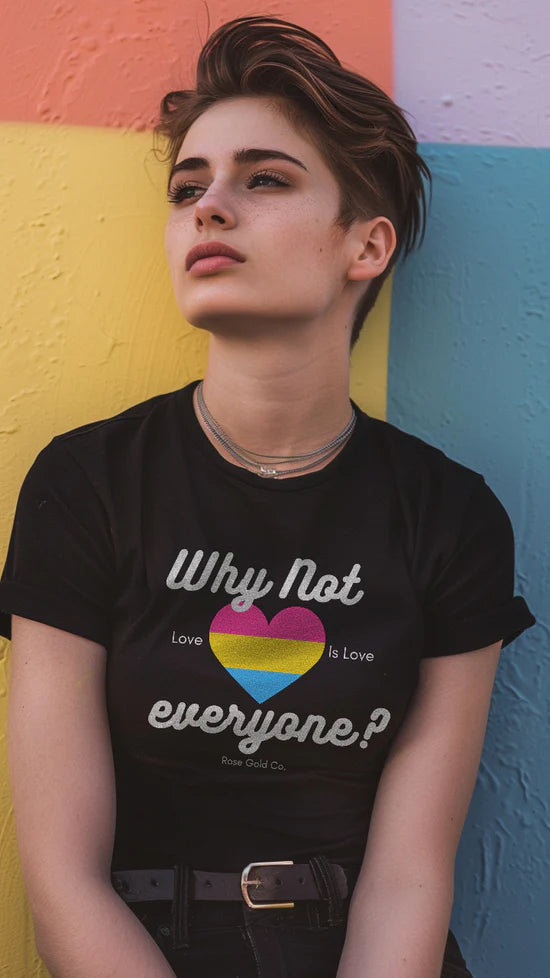 Why Not Everyone? pansexual pride tee, view 3 — Rose Gold Co