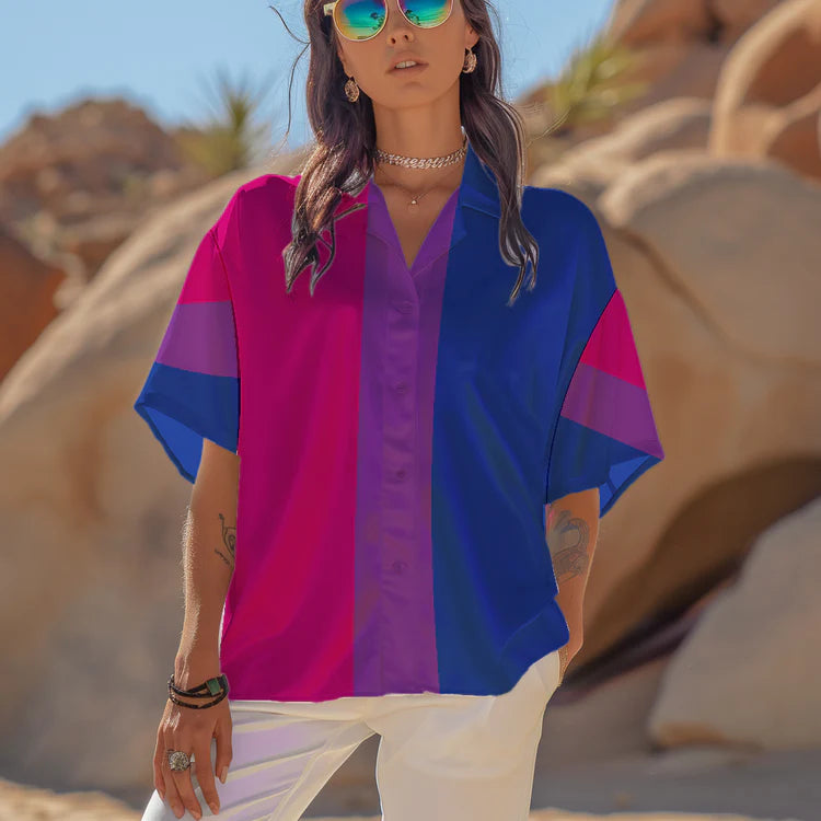 Bisexual pride flag all-over print button-up shirt, view 2 — Rose Gold Co