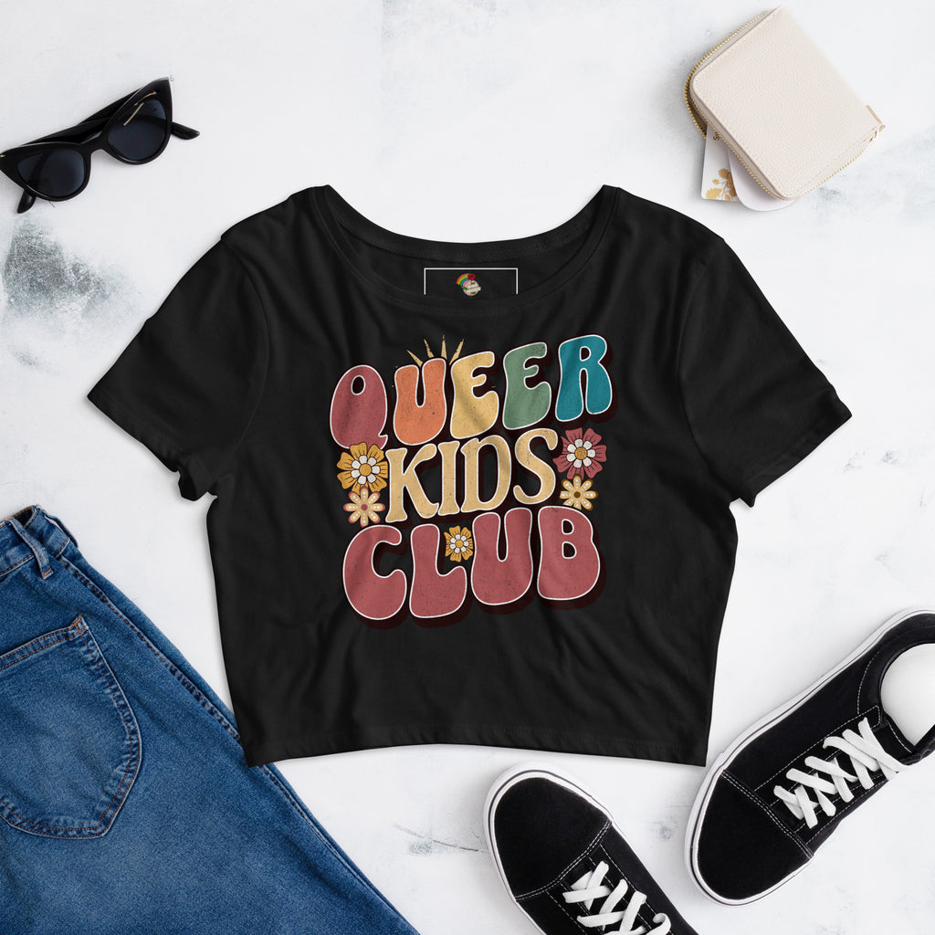 Queer Kids Club crop tee, front view — Rose Gold Co