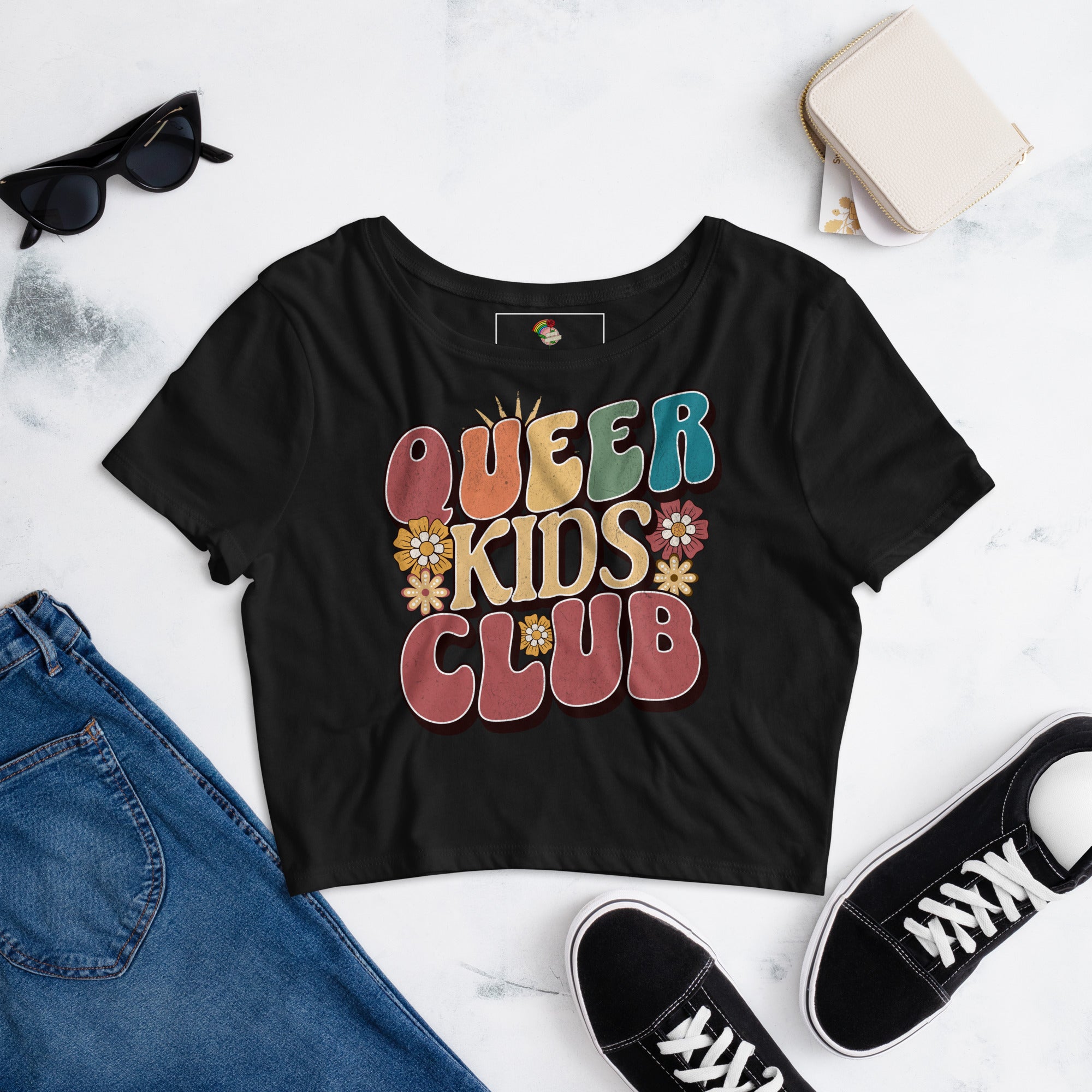 Queer Kids Club crop tee, front view — Rose Gold Co