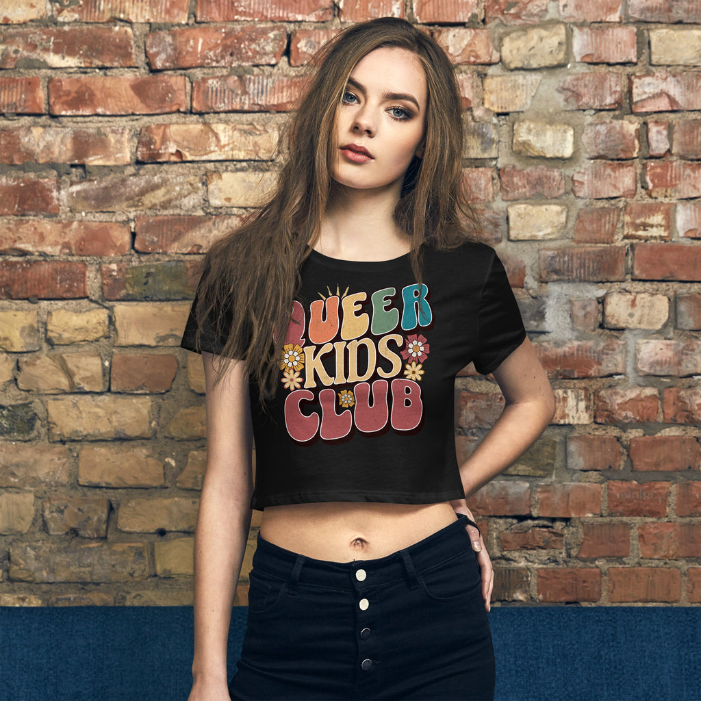 Queer Kids Club crop tee, back view — Rose Gold Co
