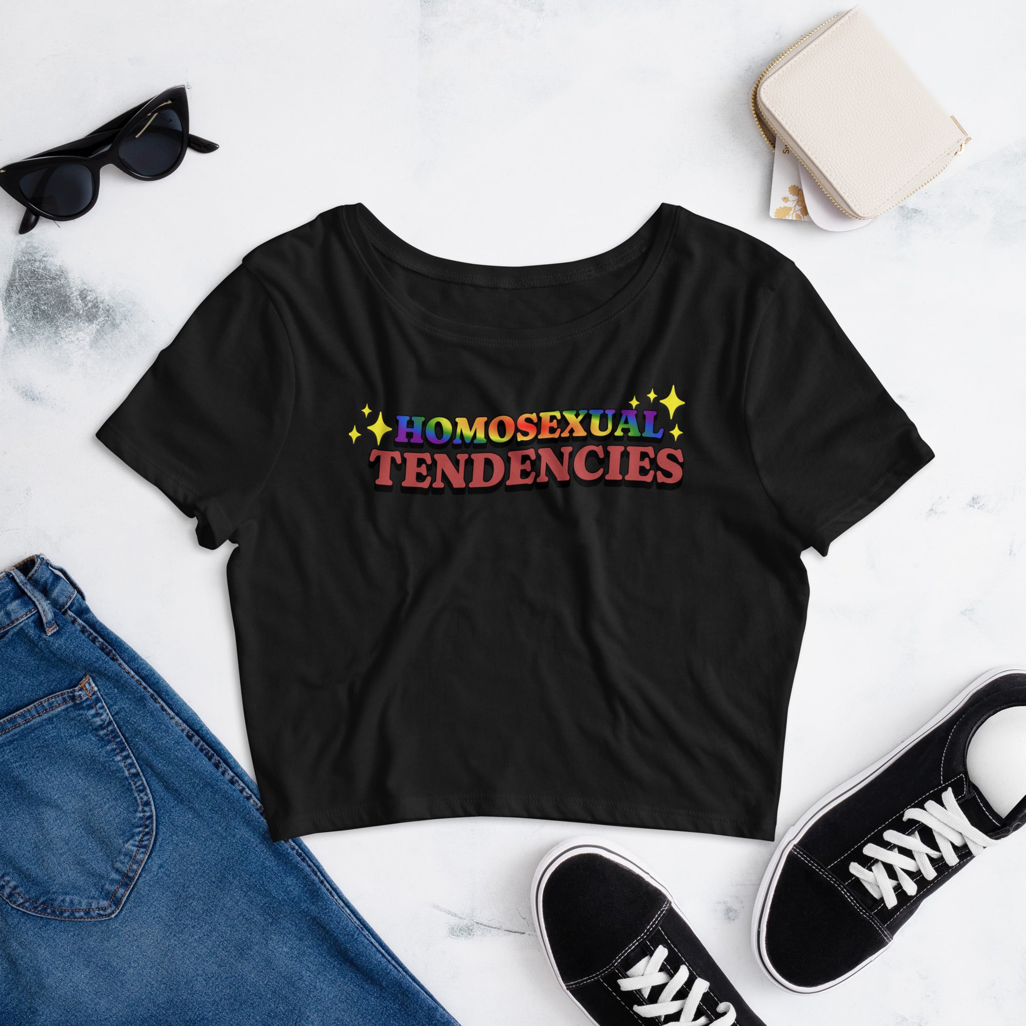 Homosexual Tendencies crop tee, detail view — Rose Gold Co