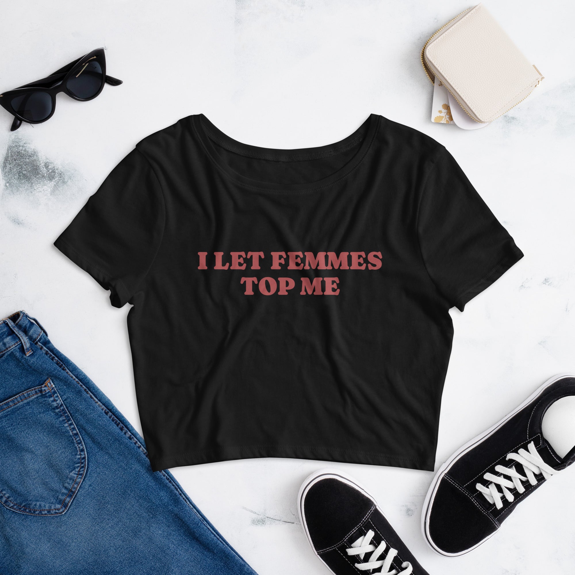 I Let Femmes Top Me crop tee, detail view — Rose Gold Co