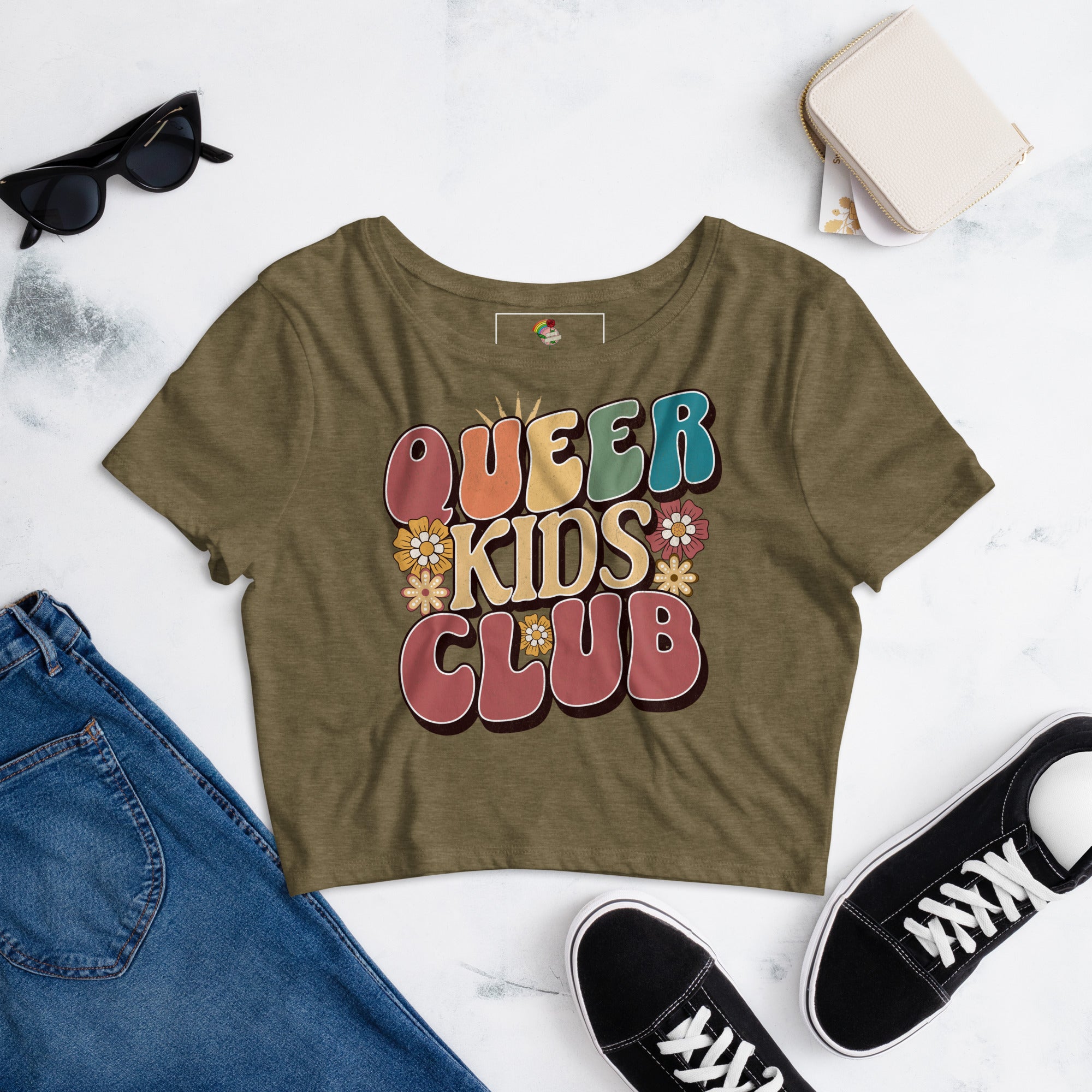 Queer Kids Club crop tee, detail view — Rose Gold Co