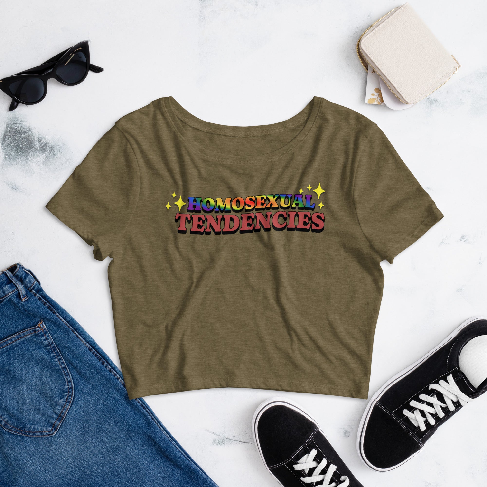 Homosexual Tendencies crop tee, flat lay — Rose Gold Co